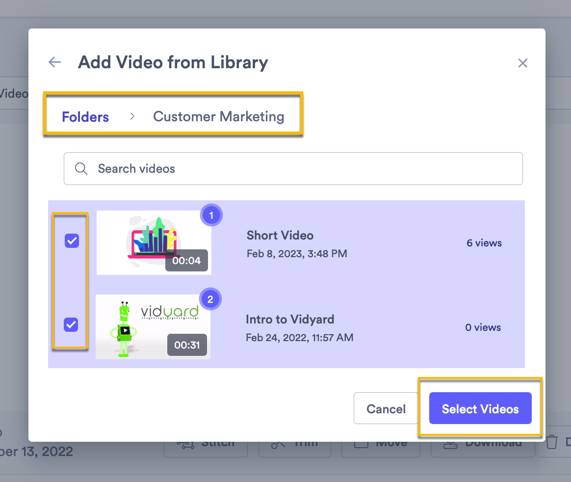 Selecting which folder to open to access additional videos for a stitch