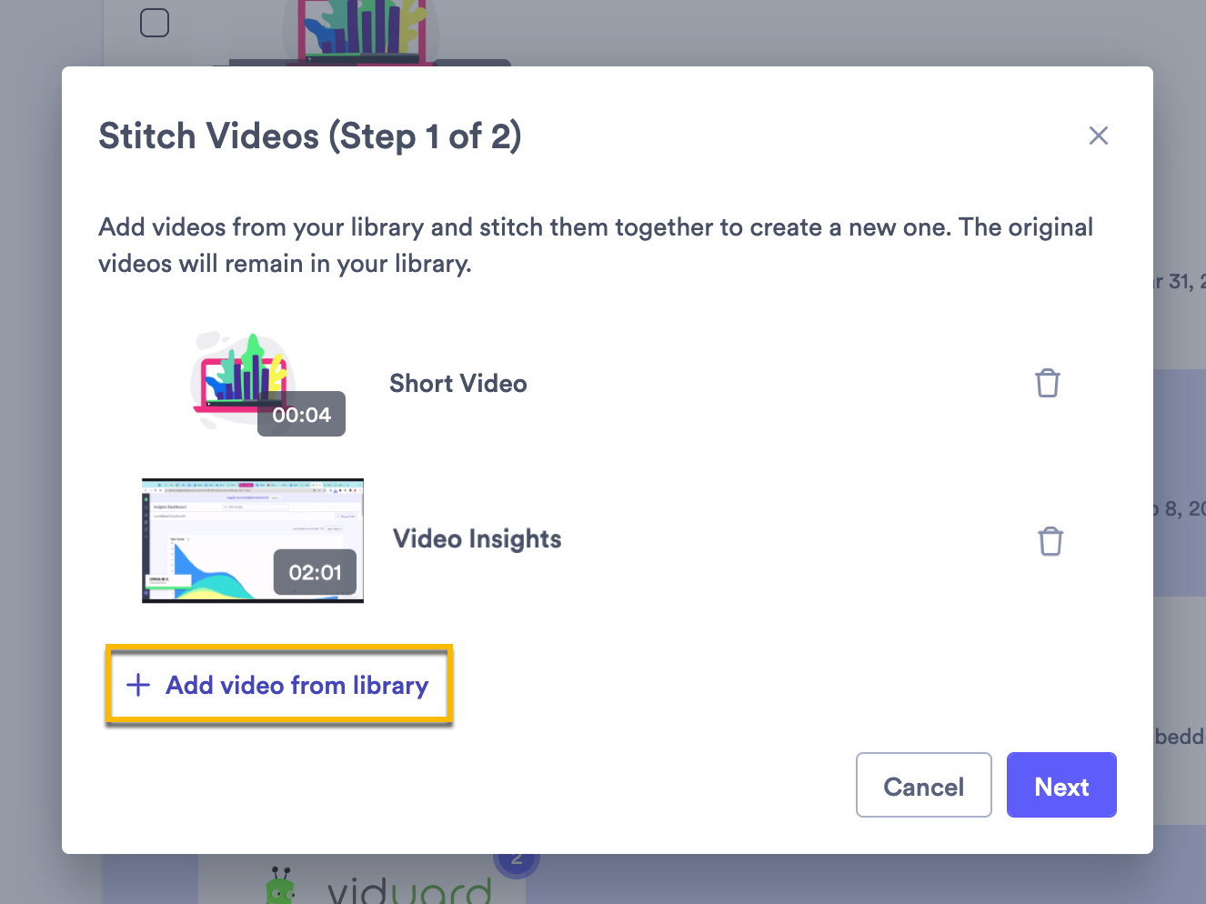 Stitch modal open with option to add new videos highlighted
