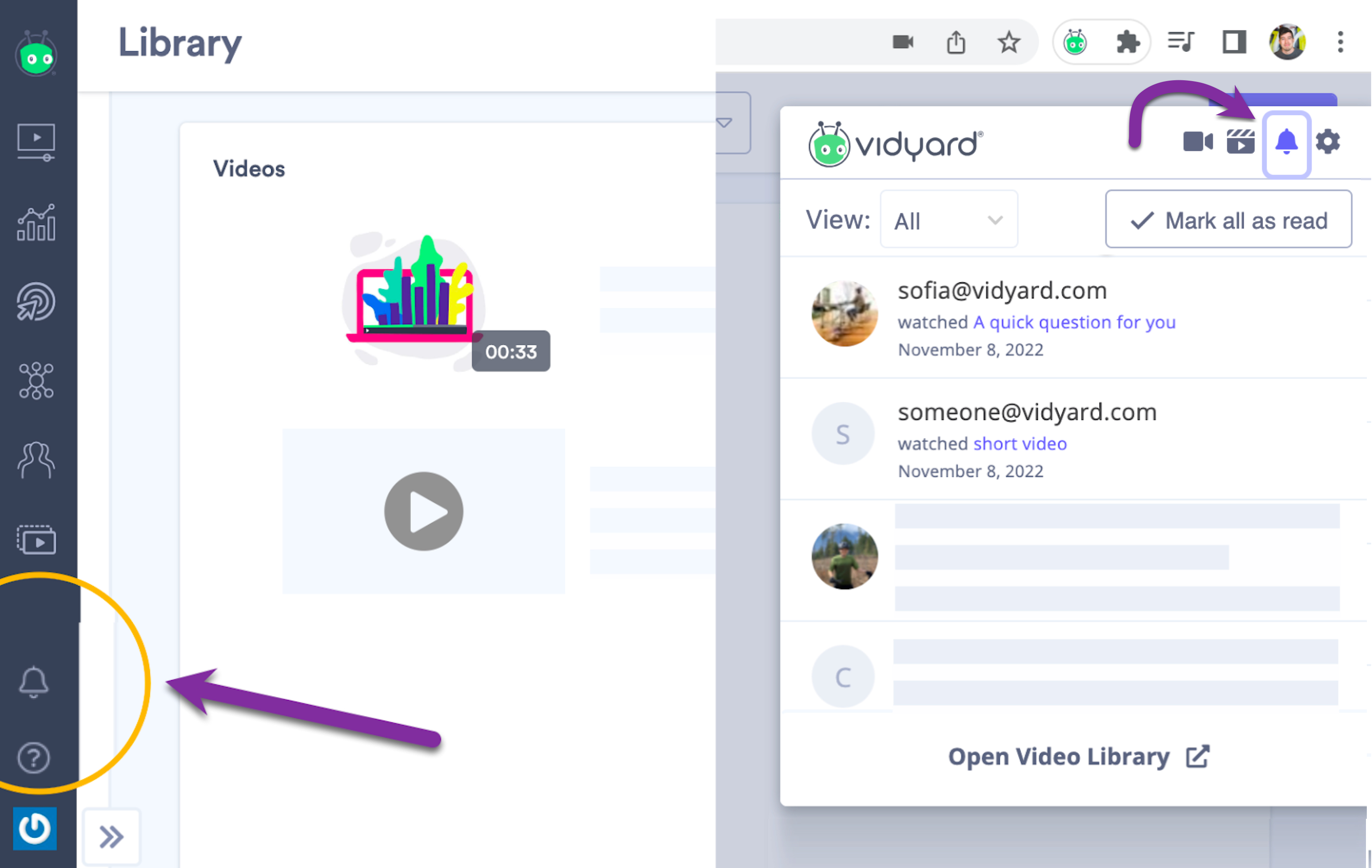 Vidyard extension and library notification feeds showing video views and viewers