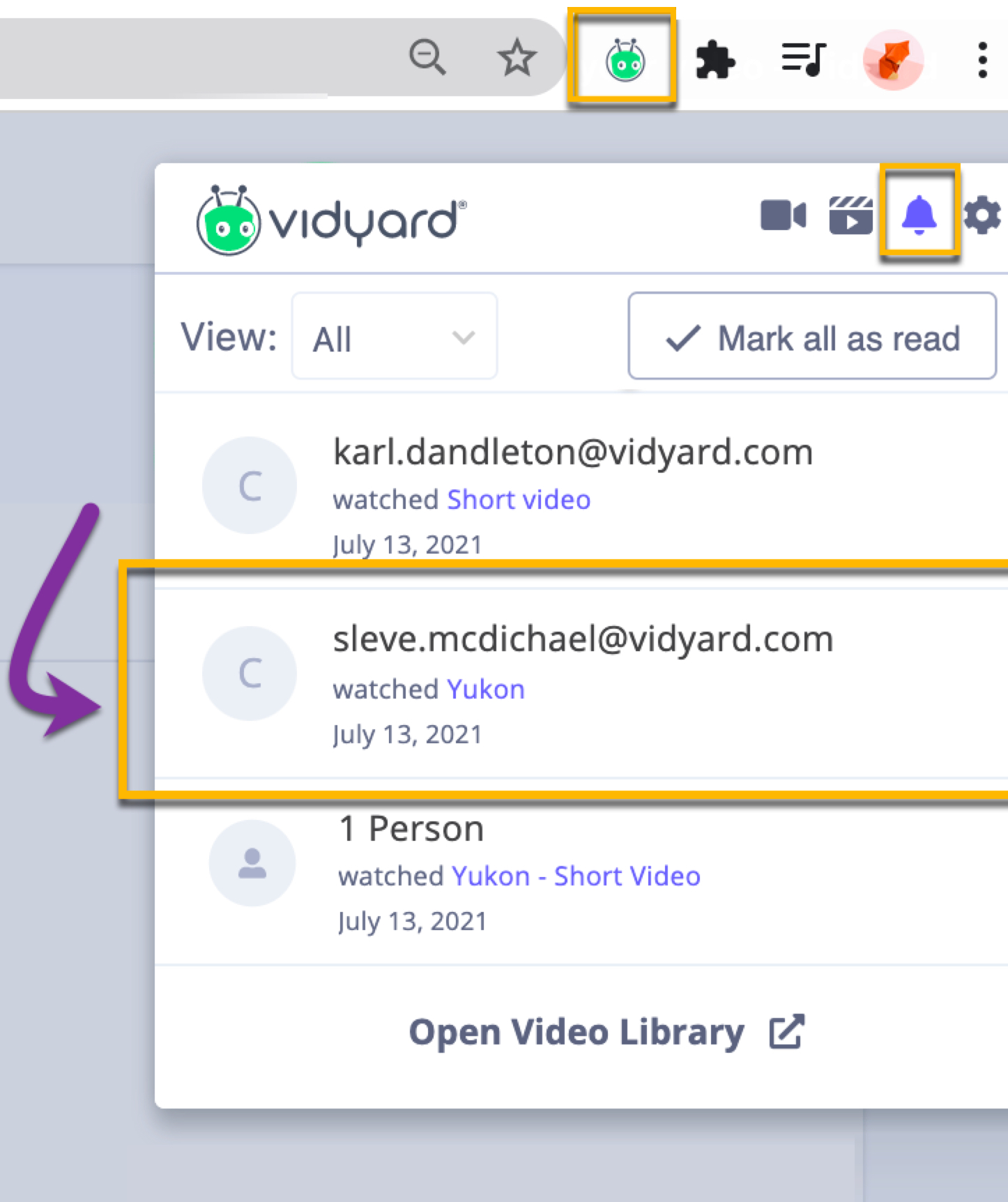 Vidyard Chrome extension showing video views on the notification feed