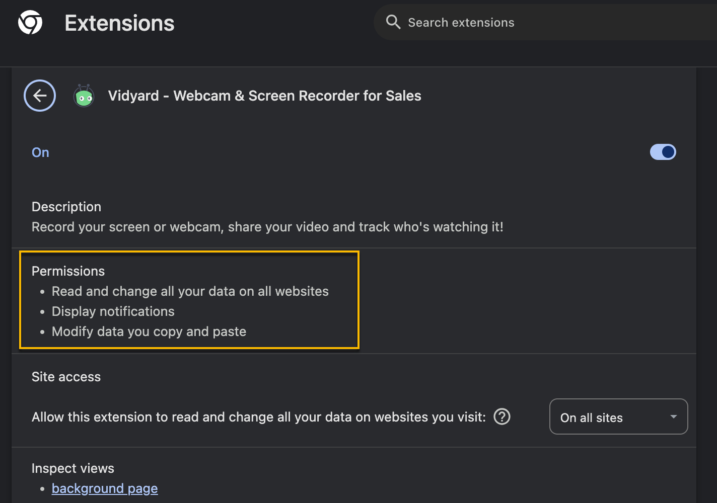 List of required permissions for Vidyard Chrome extension