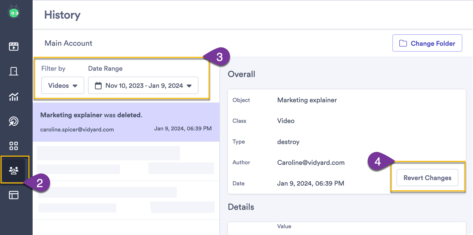 Account history with a deleted video selected from the list and button to revert changes highlighted