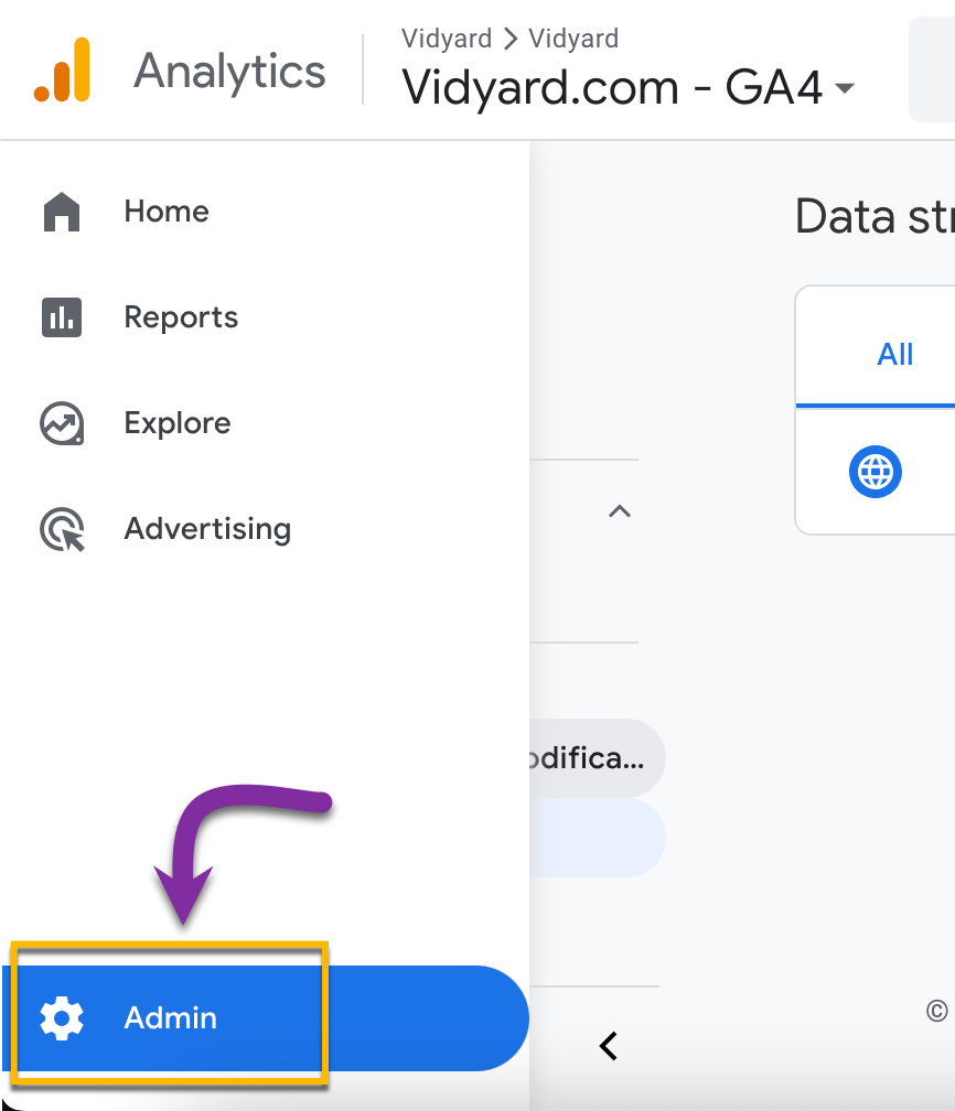 Google Analytics main page with Admin settings button selected on the panel