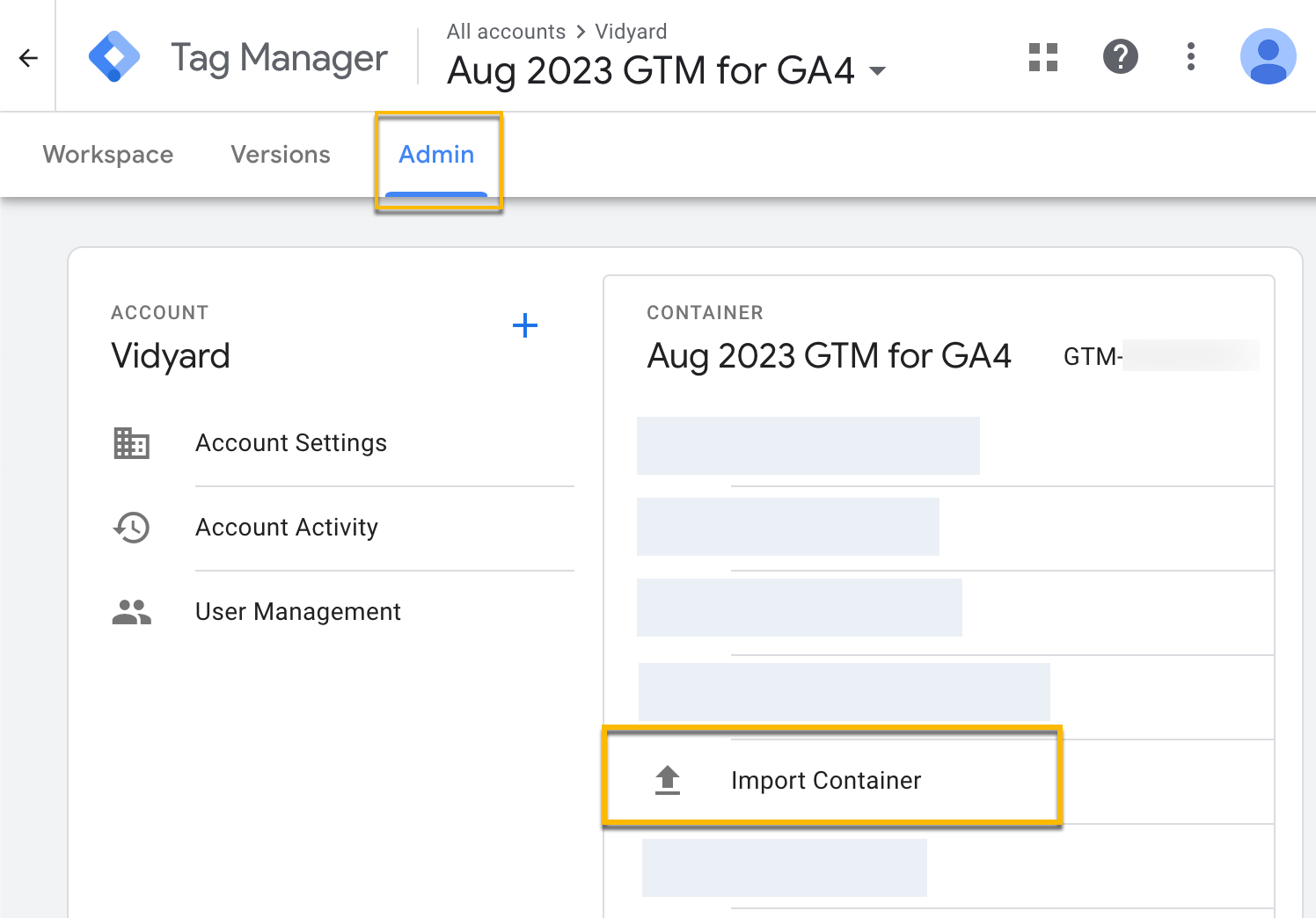 Google Tag Manager admin screen with option to import container file selected from the list