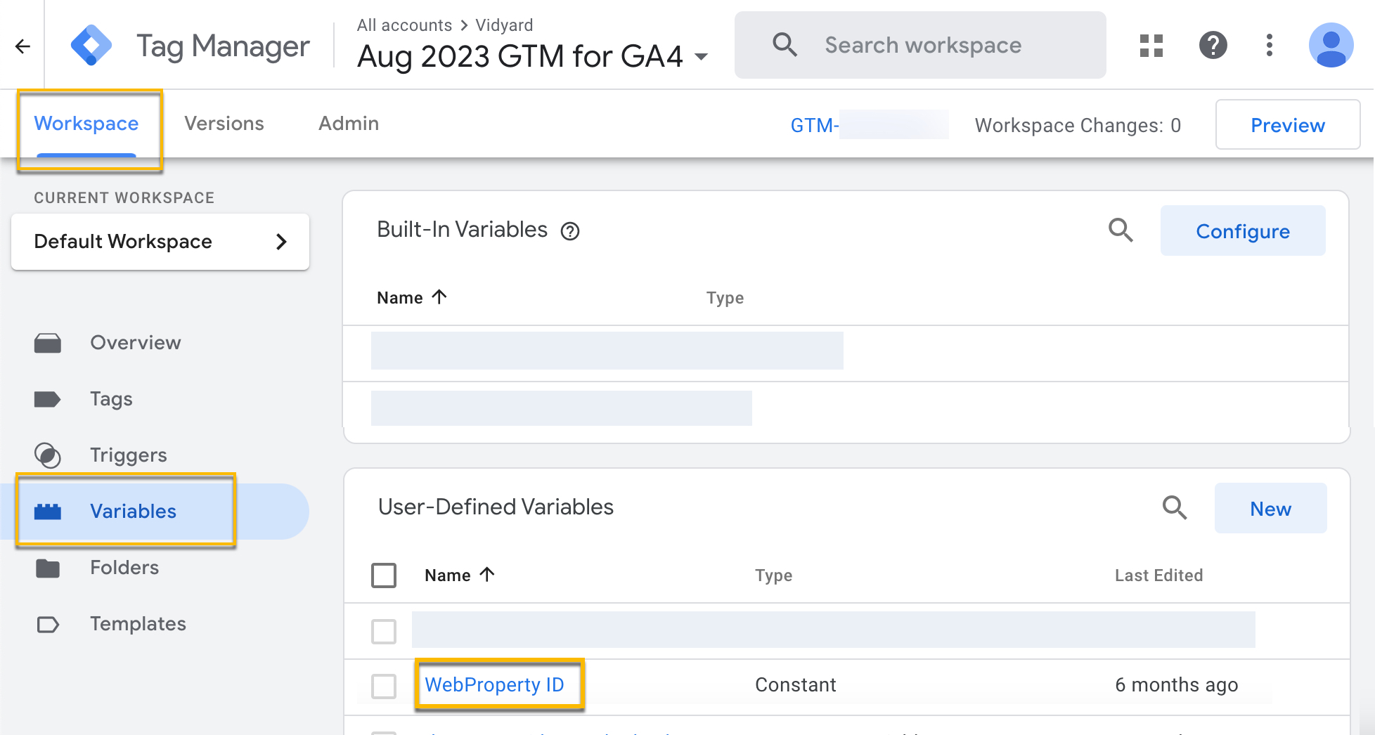 Google Tag Manager main page with Workspace Variables option highlighted and Web Property ID selected