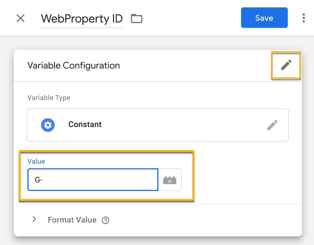 Edit page for variables highlighting where to enter your measurement ID in the value field