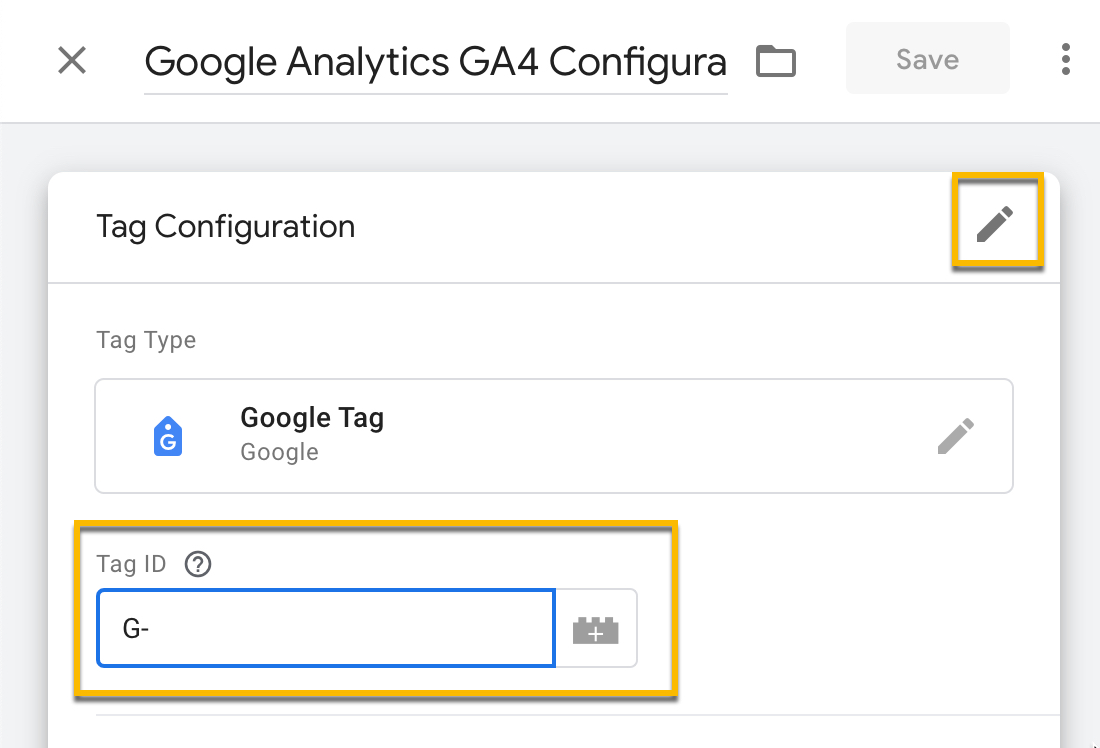 Edit page for tag highlighting where to enter your measurement ID in the tag ID field