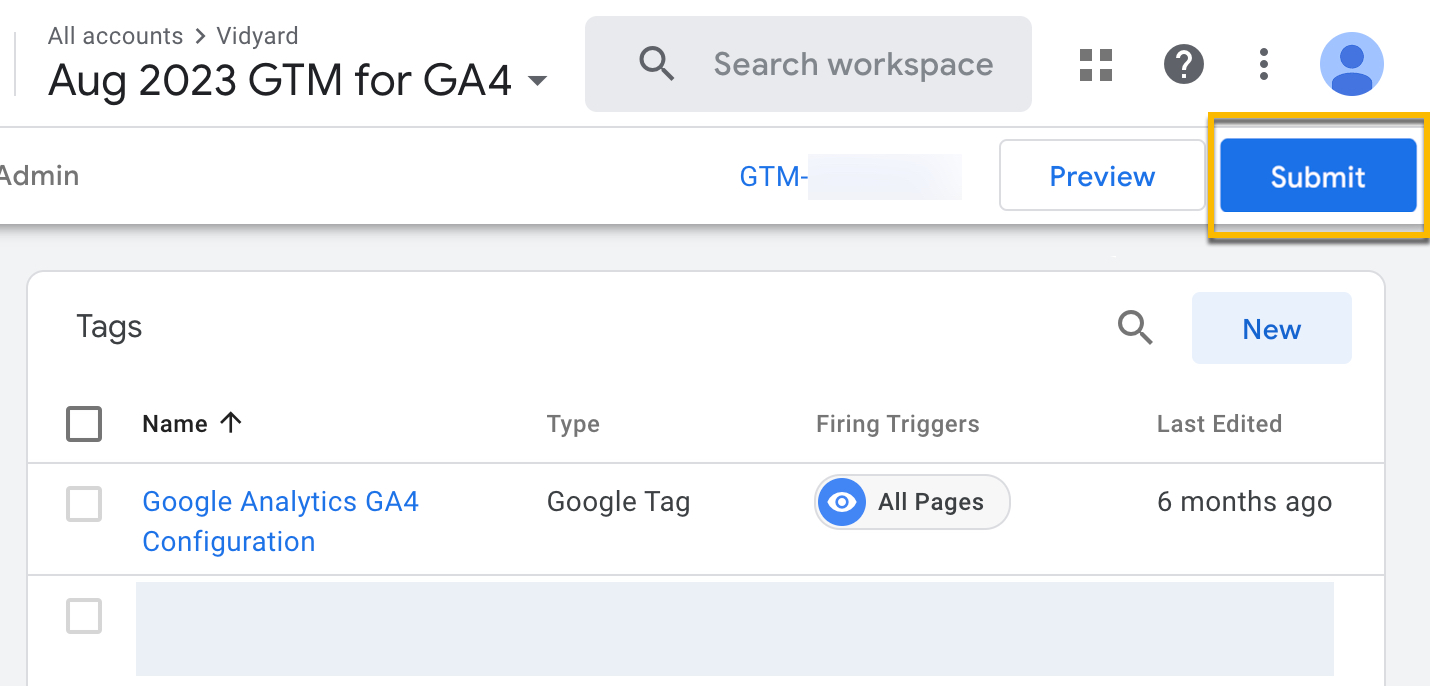 Google Tag Manager main page with option to submit and publish changes to tags and variables