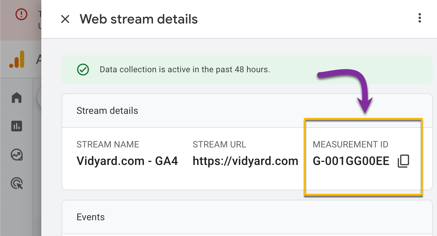 Google Data stream information with Measurement ID highlighted