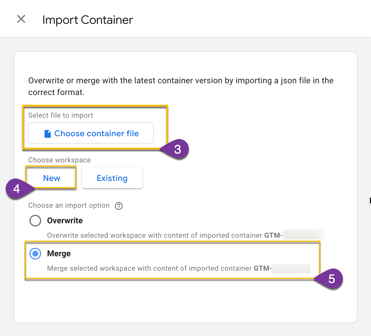 Container import page showing option to upload file, select a Workspace, and choose import options