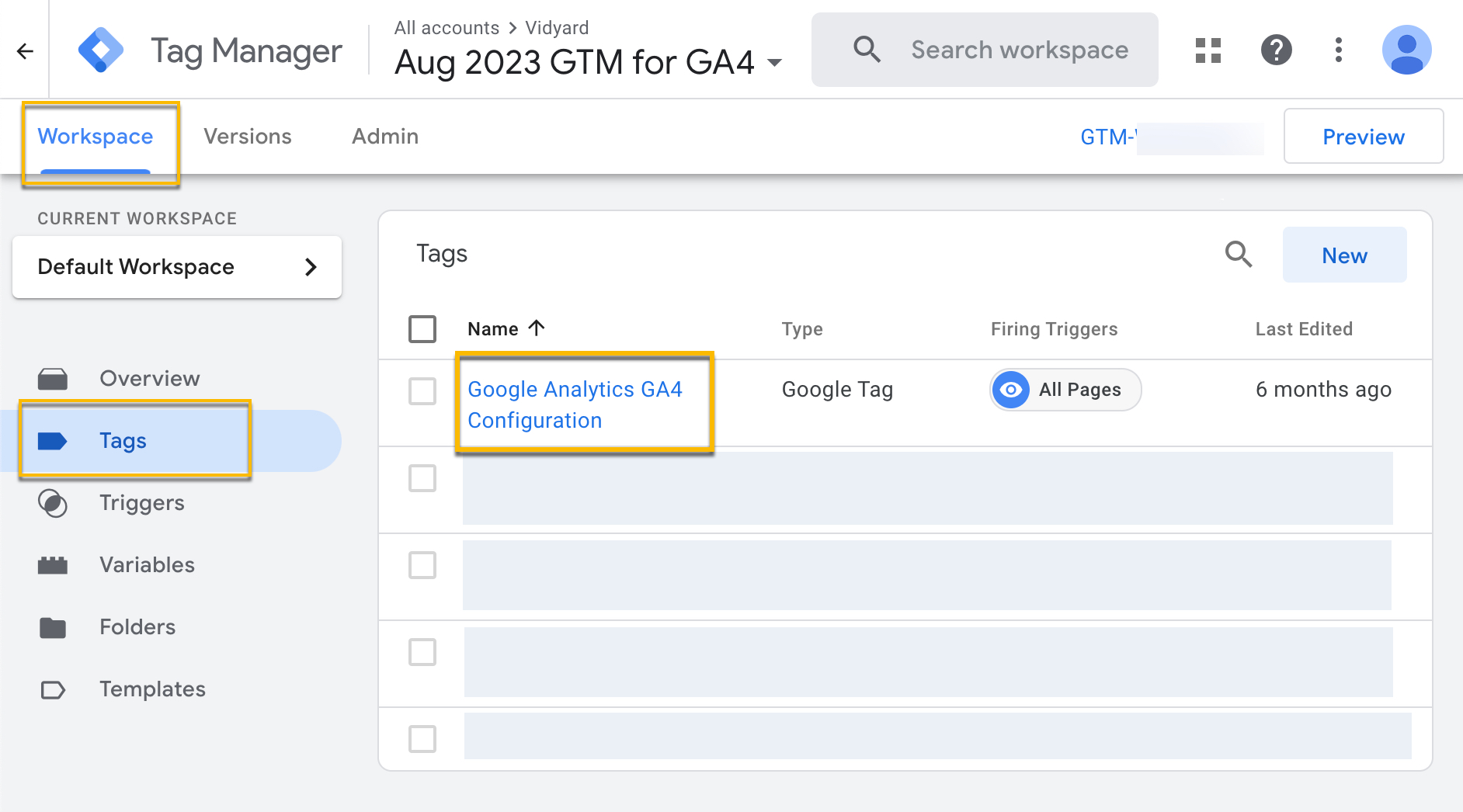 Google Tag manager main page with Workspace Tags option highlighted and a Vidyard specific tag selected