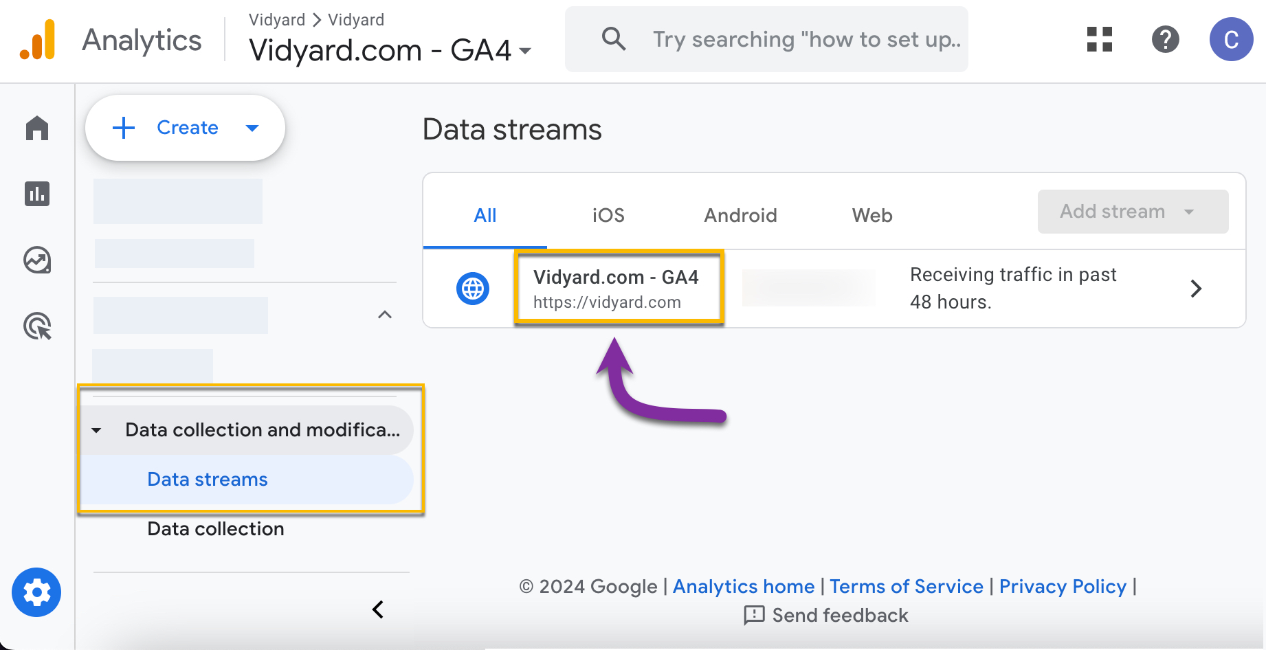 Google Analytics Admin page with a data stream selected from the list