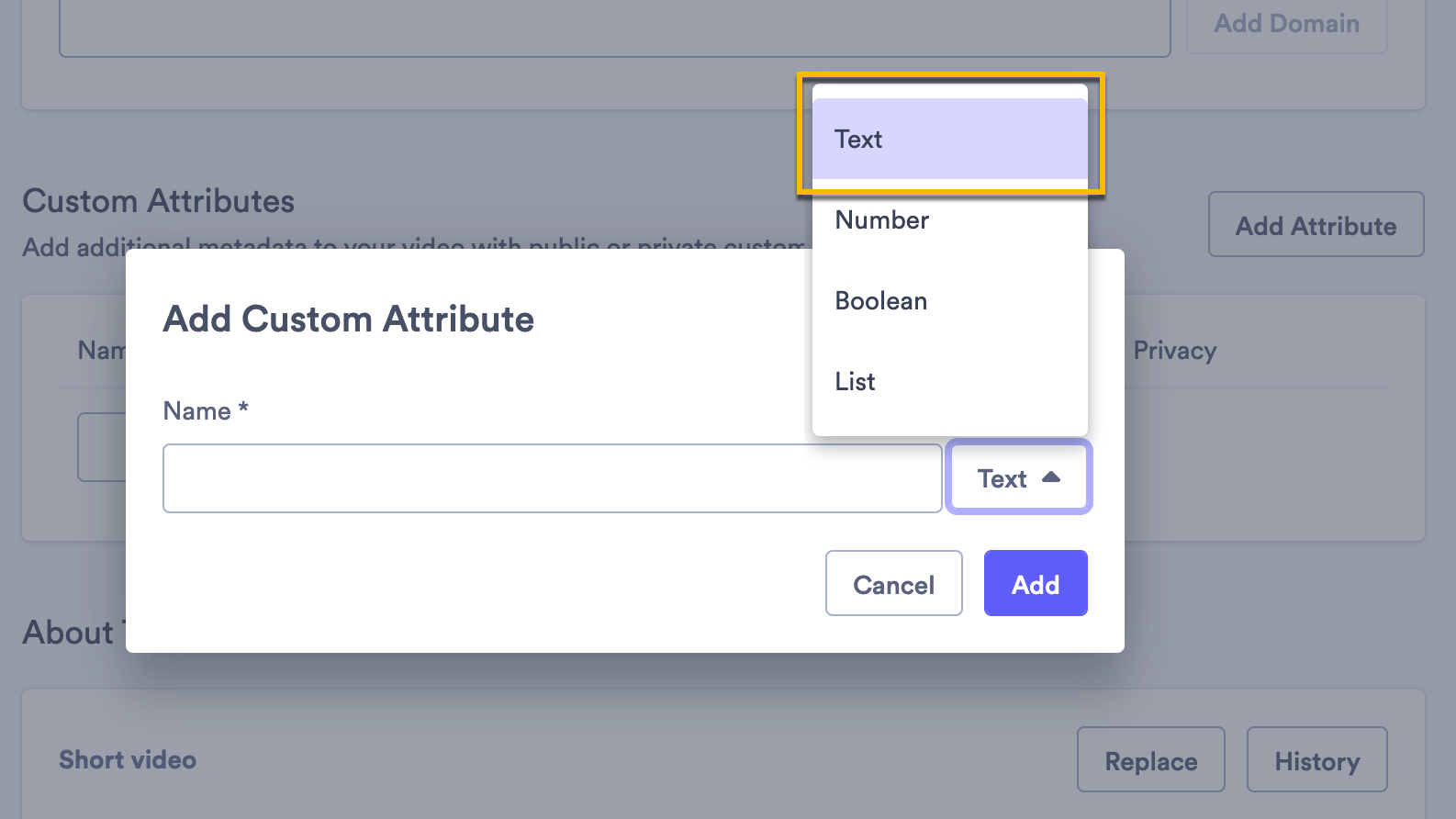 Attribute creation screen with dropdown open and type of attribute selected