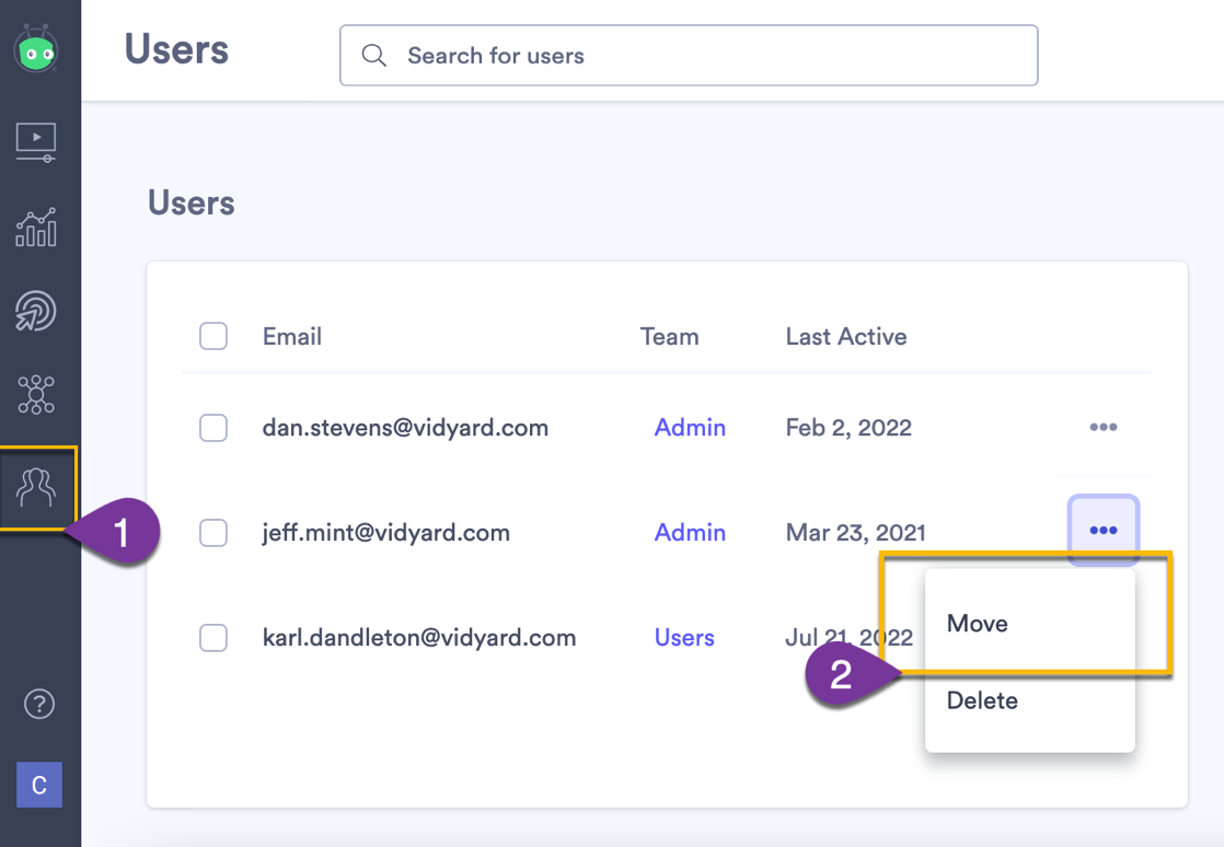 Vidyard Users page with user menu open and move teams selected