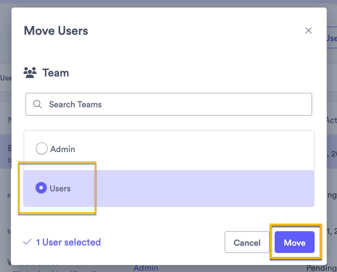 Move Users screen with team selected and move confirmation selected