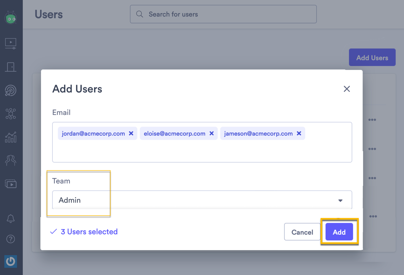 Entering the email addresses of the people you want to invite to your workspace, selecting a team, then selecting Add to complete the action