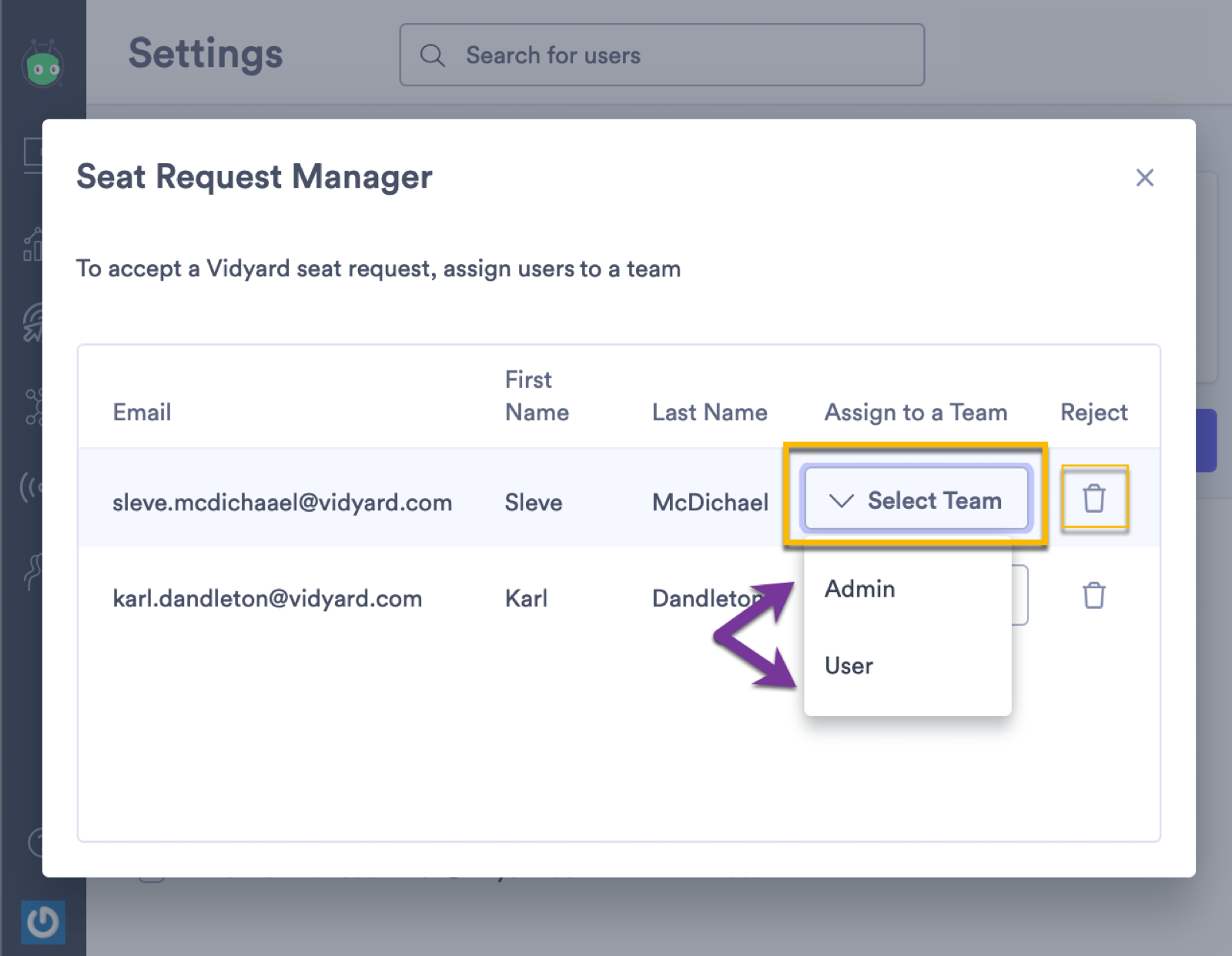 Manage Requests screen with team selection dropdown open next to a user that requested to join the account