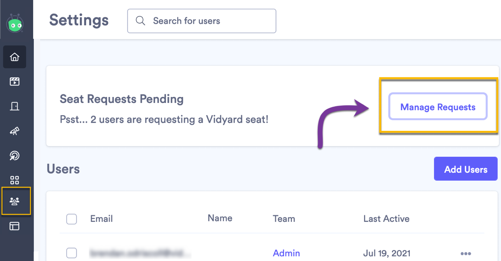 Vidyard Users page with button to manage requests selected at the top of the page