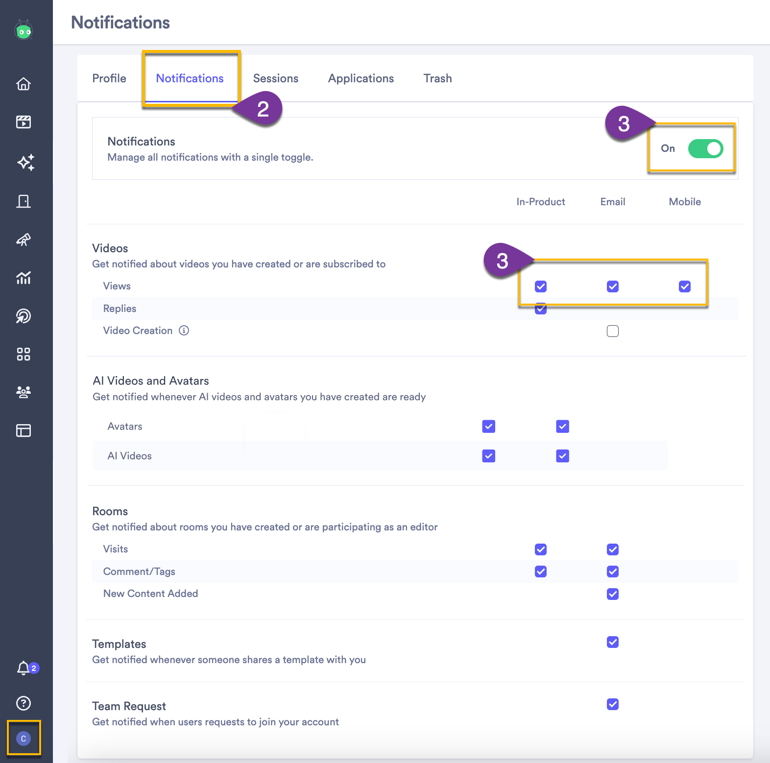 Opening the user profile page in Vidyard to change the type of activities you want to receive notifications for, whether in-app or by email