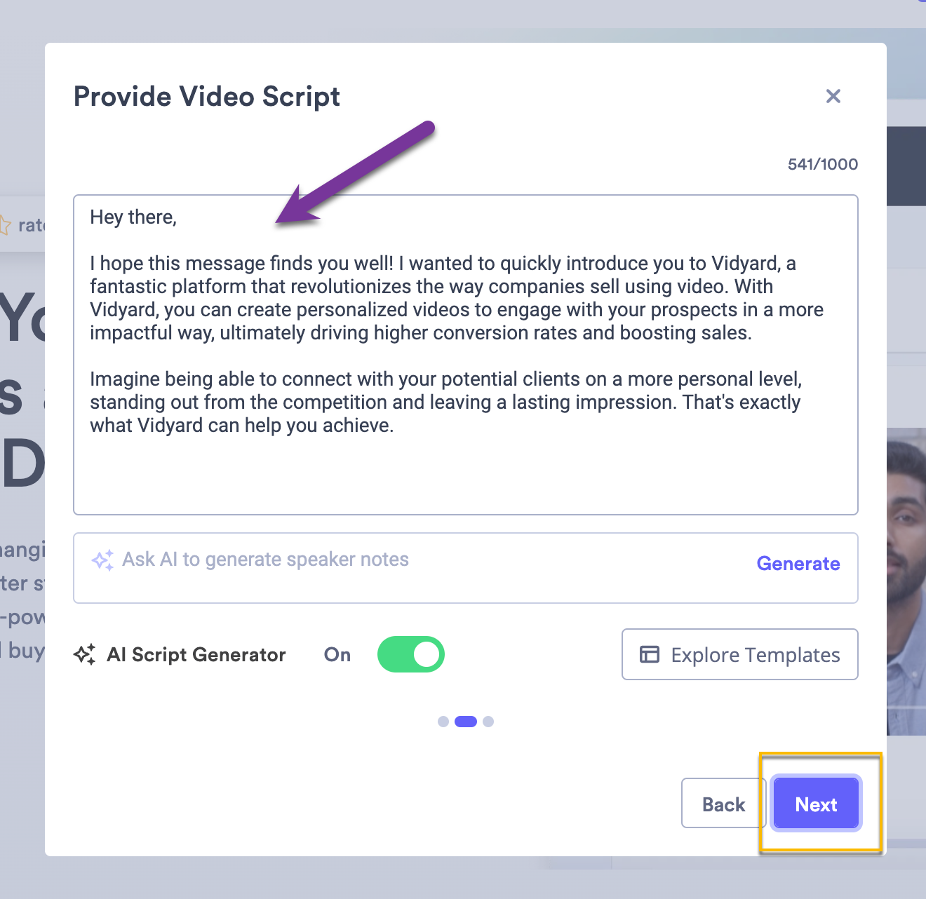 Video script section of AI video creation in library with script box and next step button highlighted