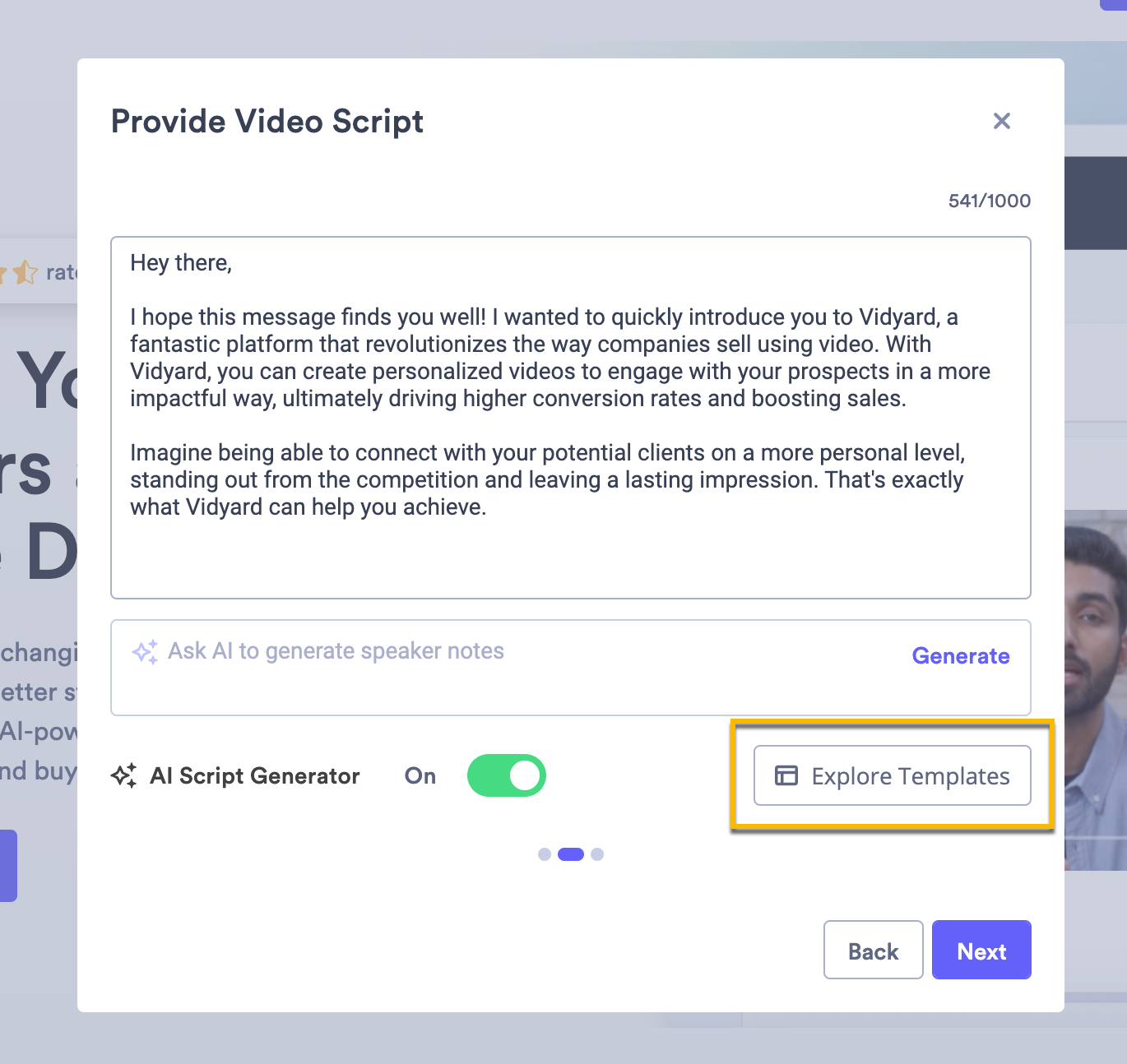 Video script section of AI video creation in extension with button to explore templates highlighted