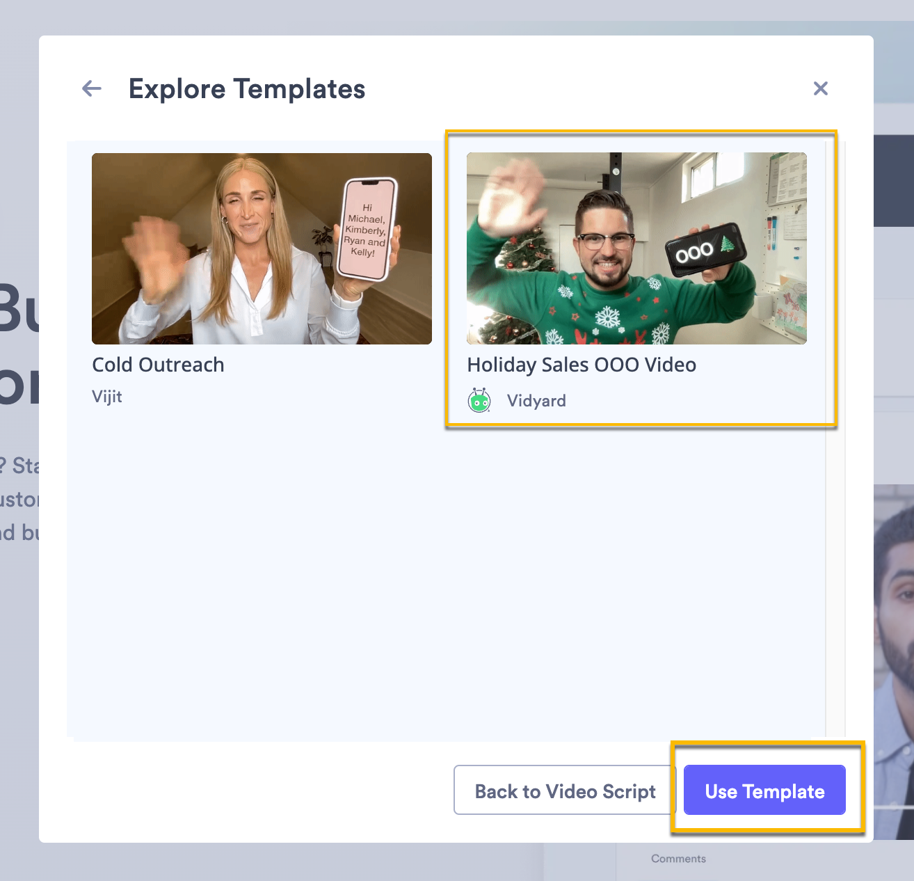 Template library in the extension with a template selected and use template button highlighted