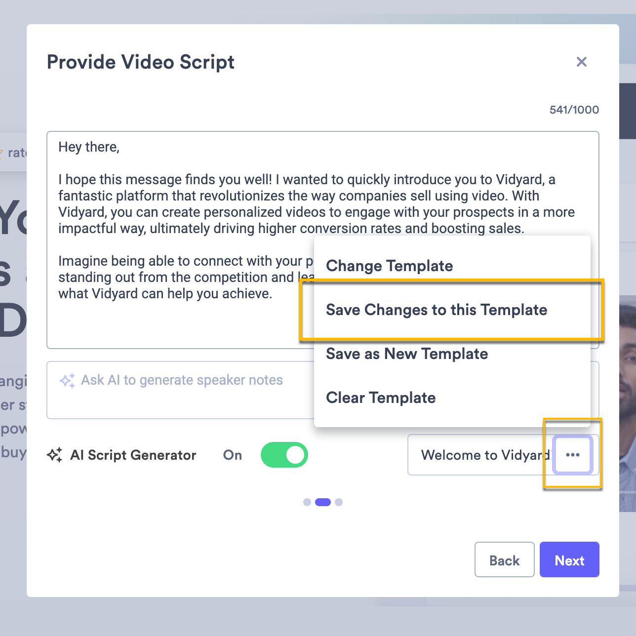 Video script section of AI video creation with template menu open and save changes selected