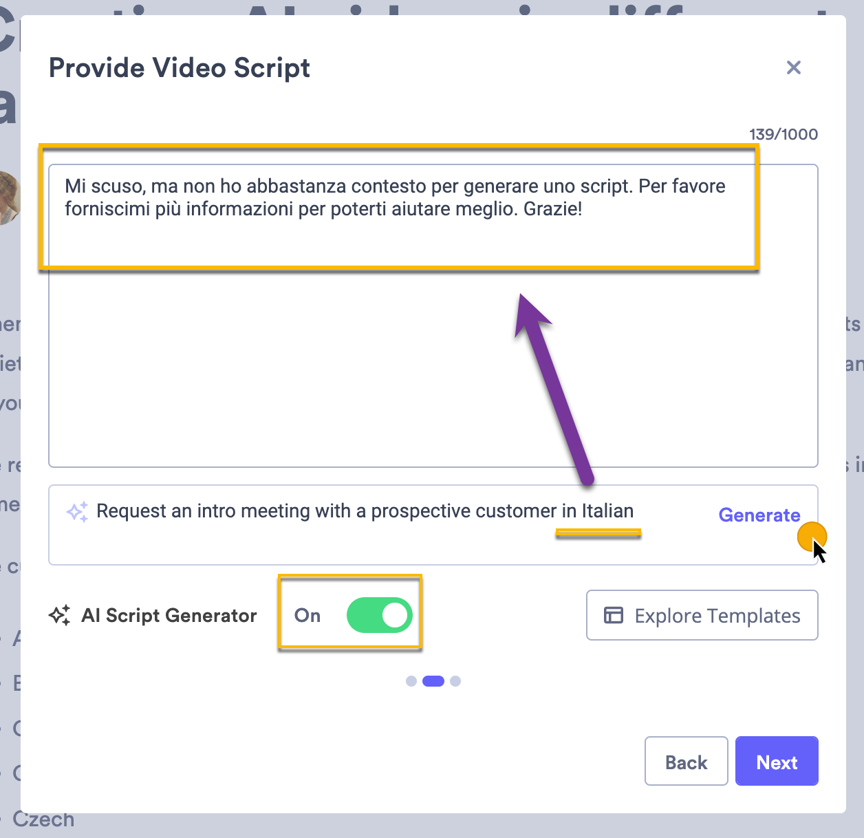 Vidyard AI video script with prompt requesting Italian language and AI generated script appearing in Italian
