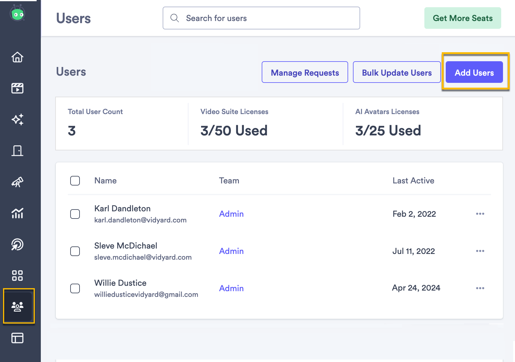 Vidyard users page with button to add new users selected