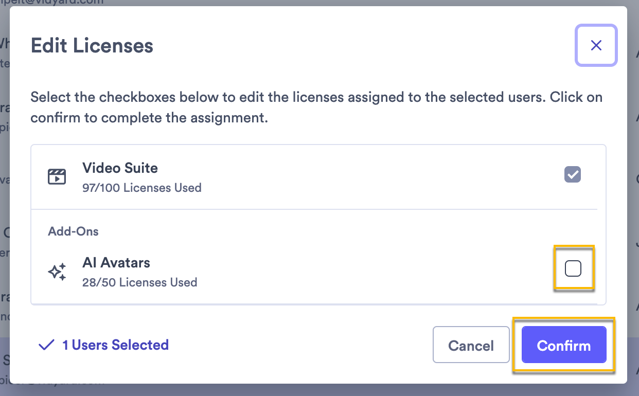 Edit licenses screen open with AI Avatars license unchecked and confirm button highlighted