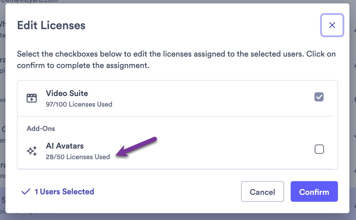 Edit licenses screen open with AI Avatar license allotment highlighted under the add-ons section