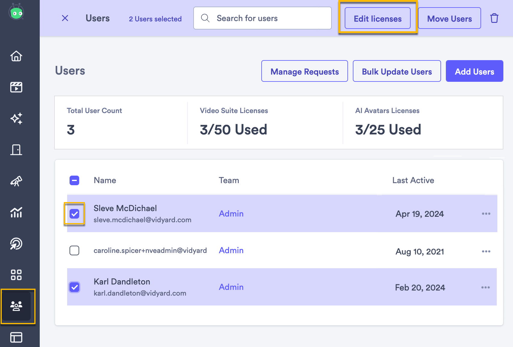 Vidyard users page with multiple users’ checkboxes selected and edit licenses highlighted at the top of the page
