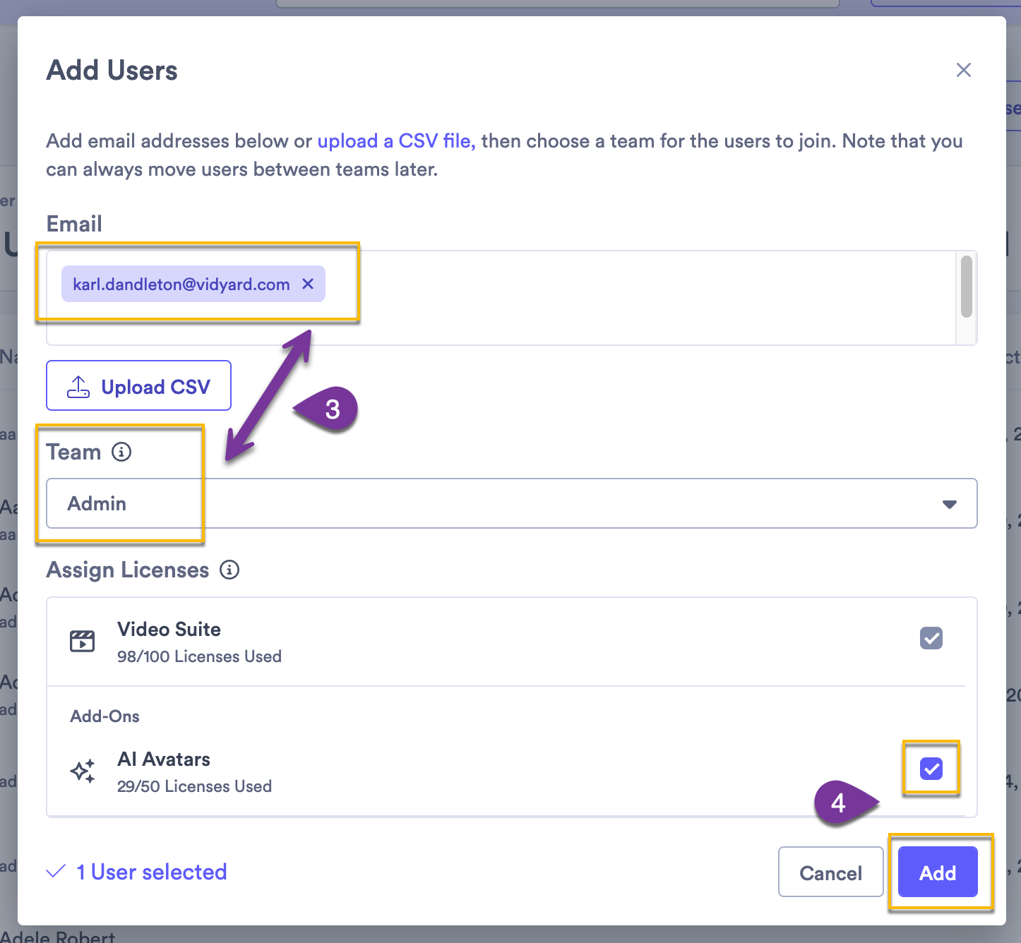 Add users page with email in email field, admin team selected from team dropdown, and AI Avatars license box checked, with the Add button highlighted
