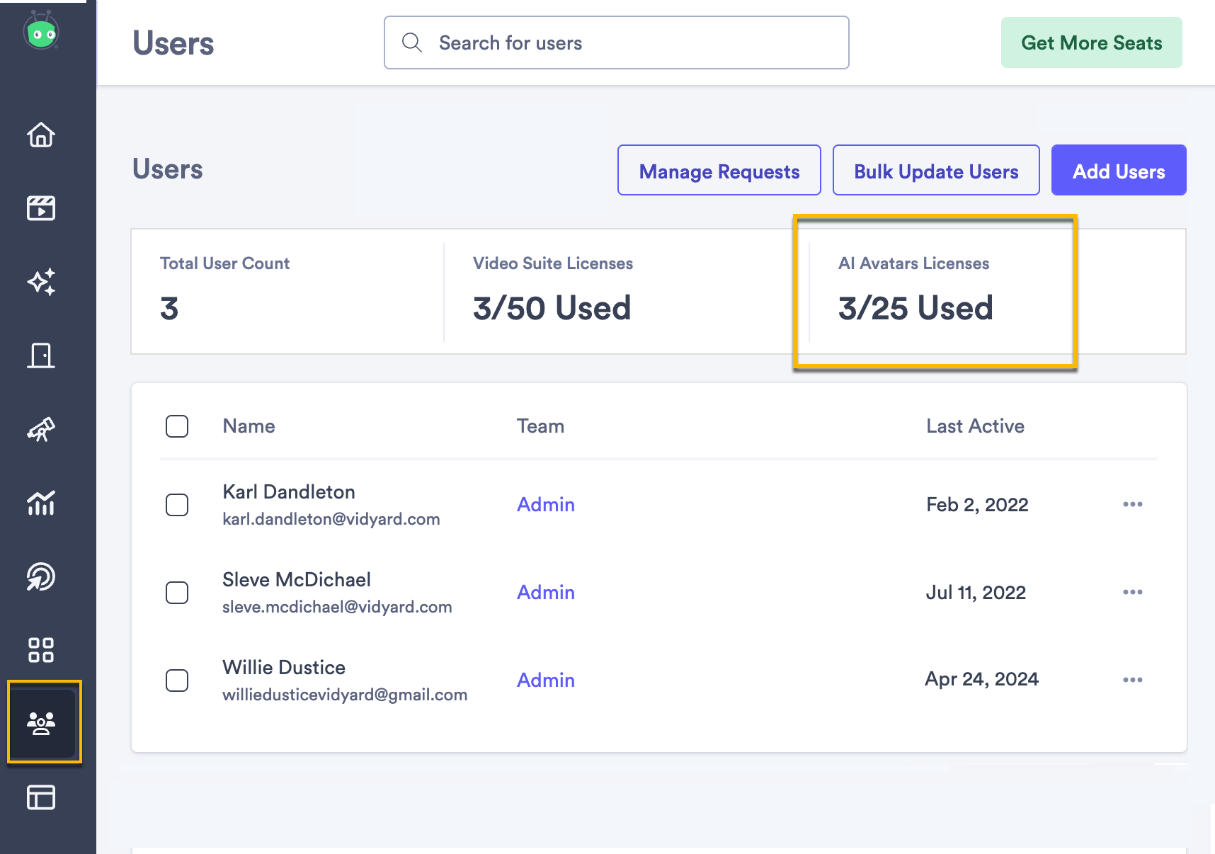 Vidyard users page with AI Avatar license allotment highlighted next to user count and video suite licenses