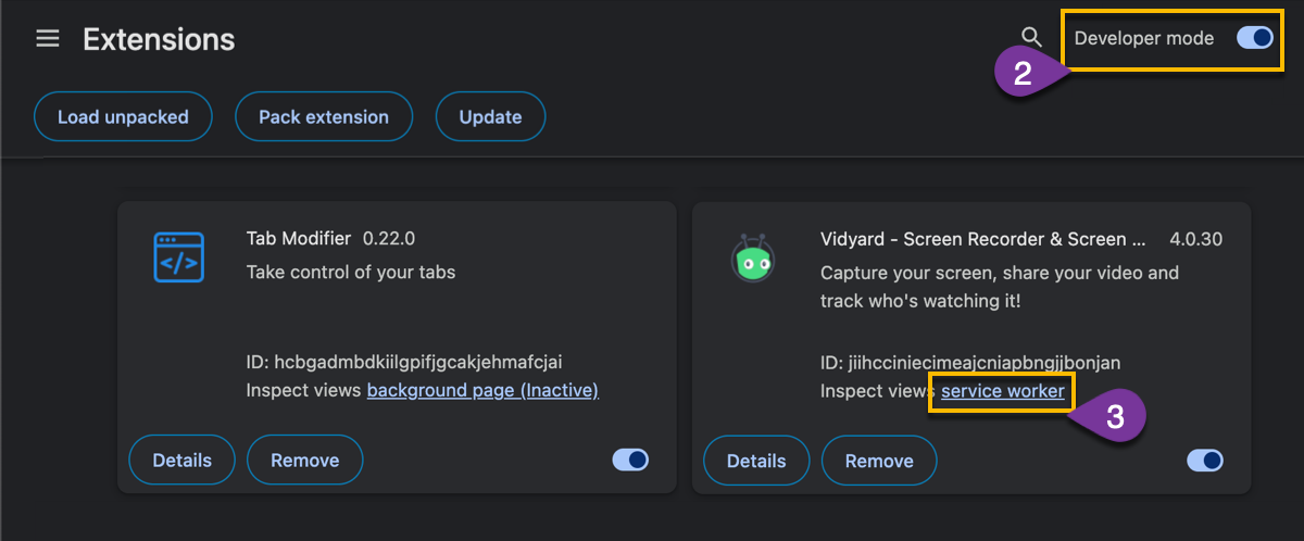 Manage extensions page with developer toggle on and service worker highlighted under Vidyard extension