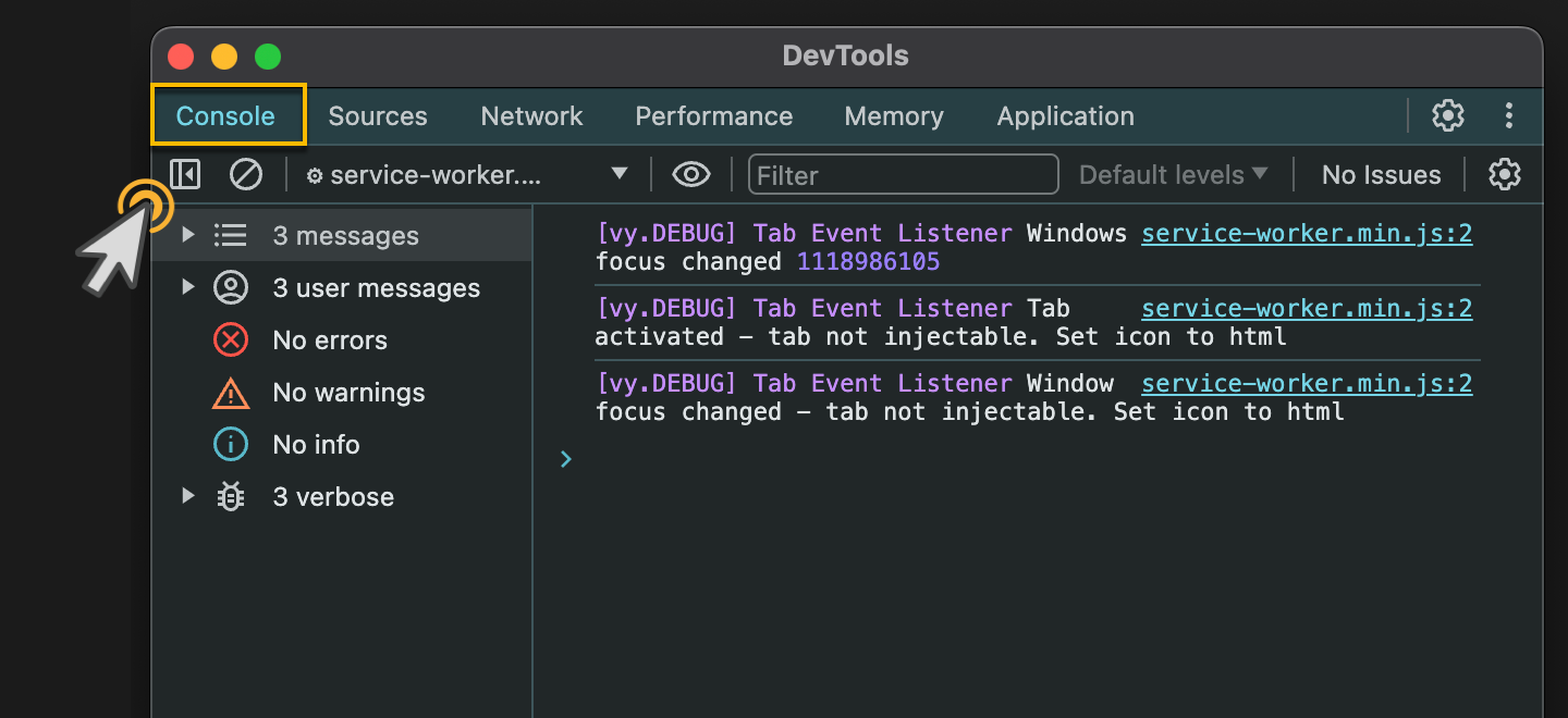 Highlighted console tab and expand messages button within Vidyard extension service worker modal