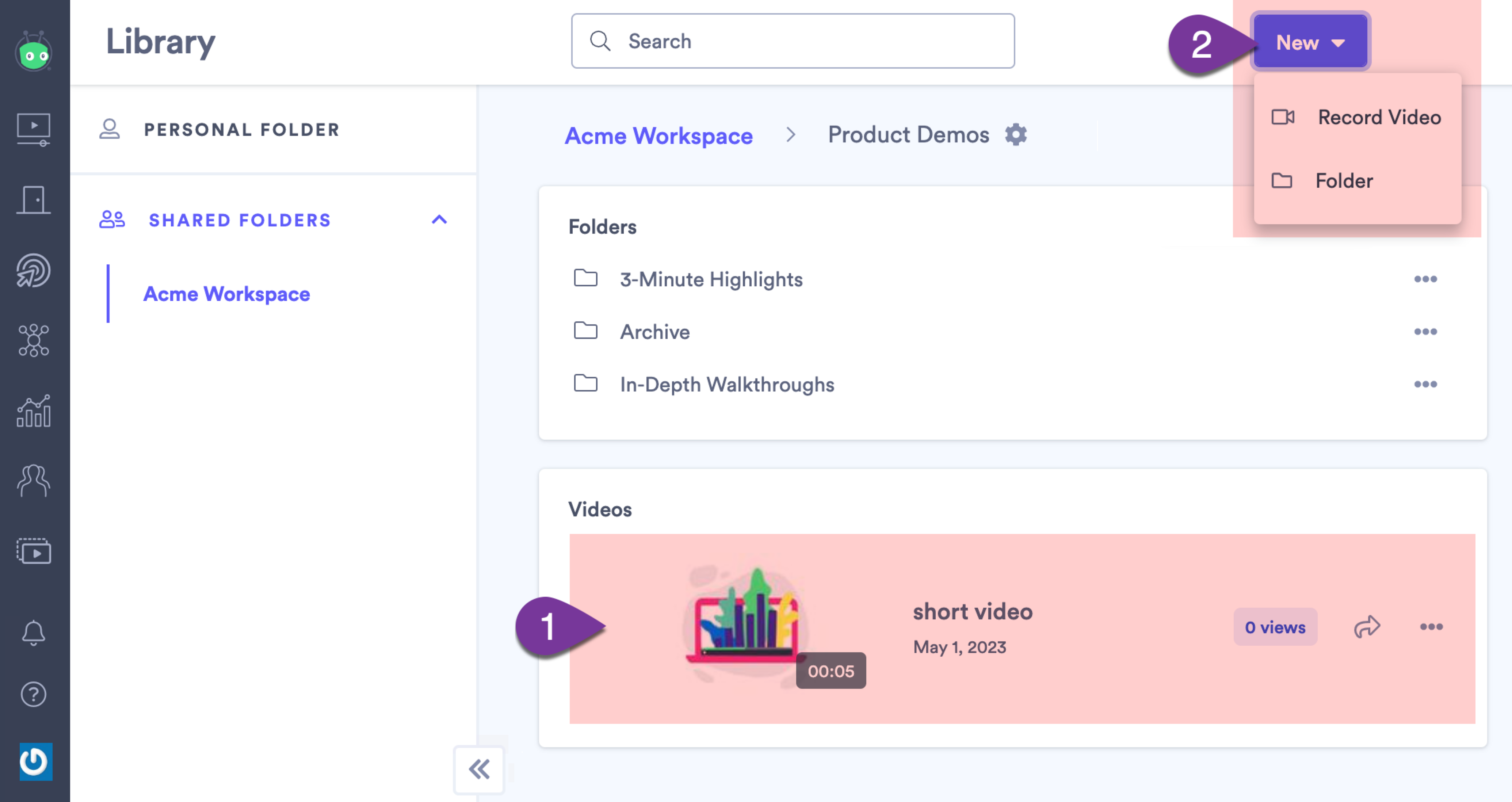 Vidyard's video library with New menu open to display options to record a video, or create a new folder