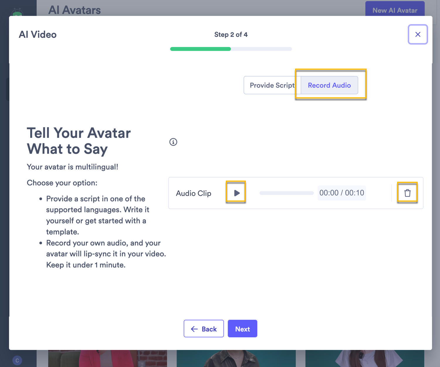 Audio recording option in second step of AI video generation process with record button highlighted