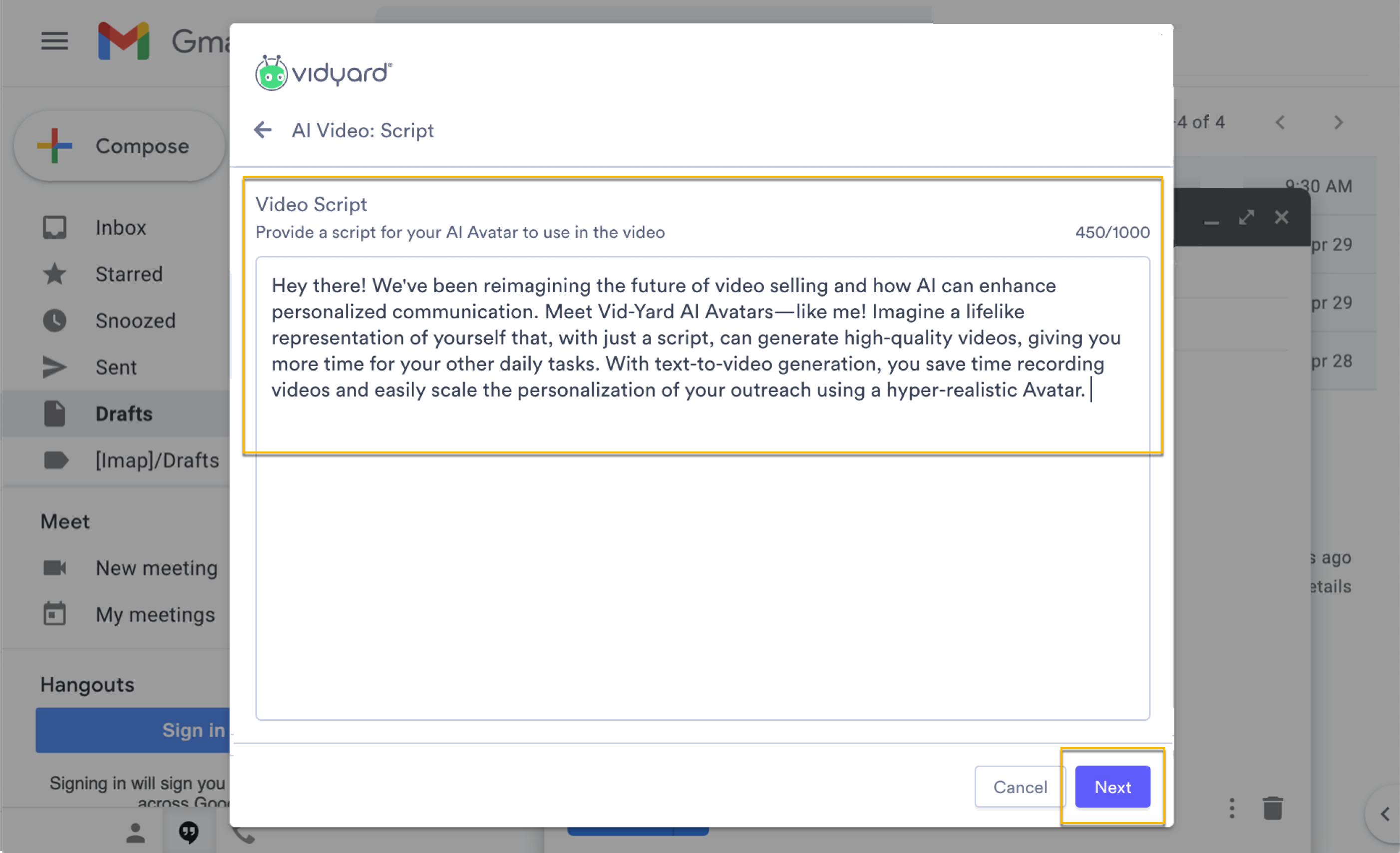 AI video creation screen step 2 with script page and demo script entered