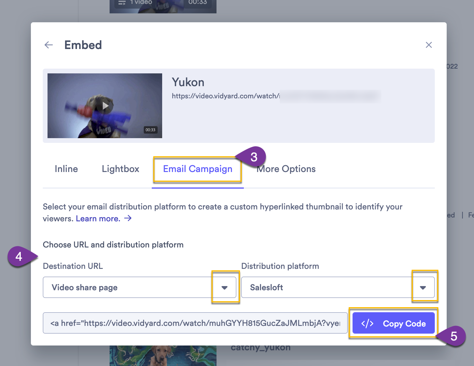 Copying the Email Campaign embed code option with custom URL and email distribution platform selected in dropdown menus