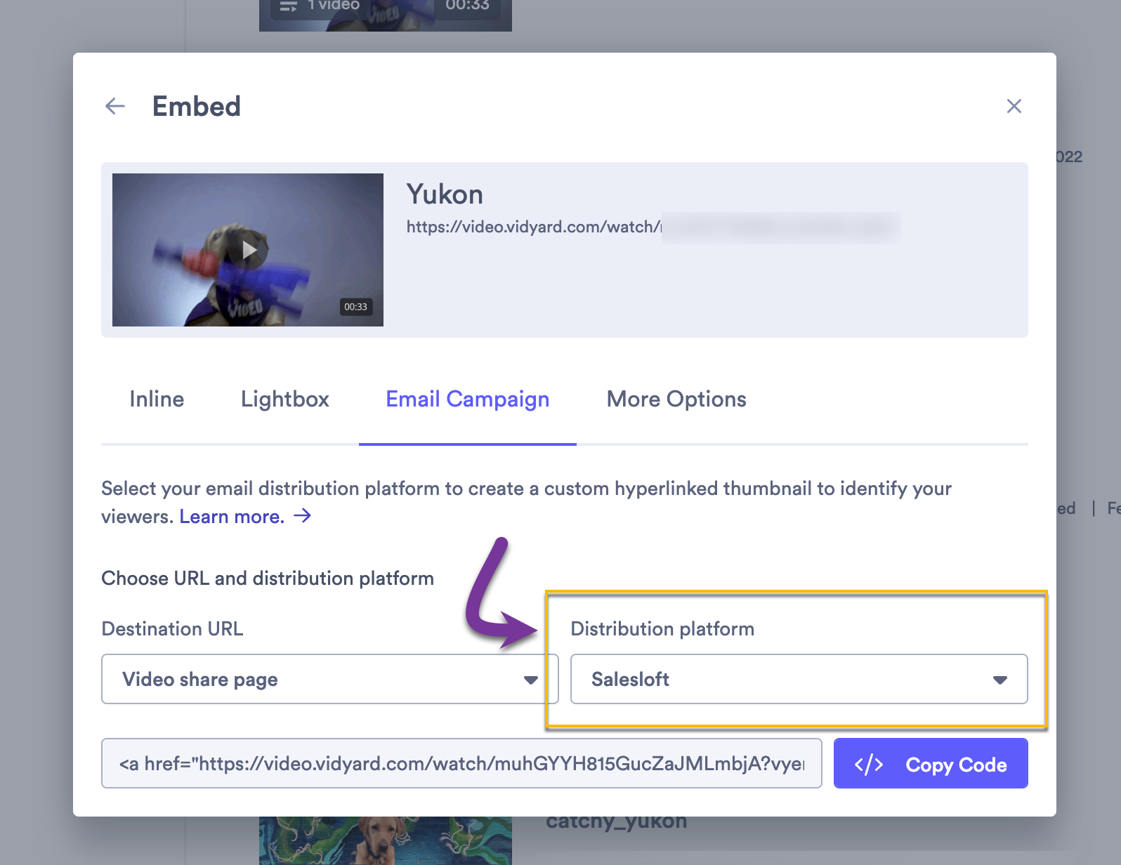 Video share modal open with dropdown menu to select distribution platform highlighted