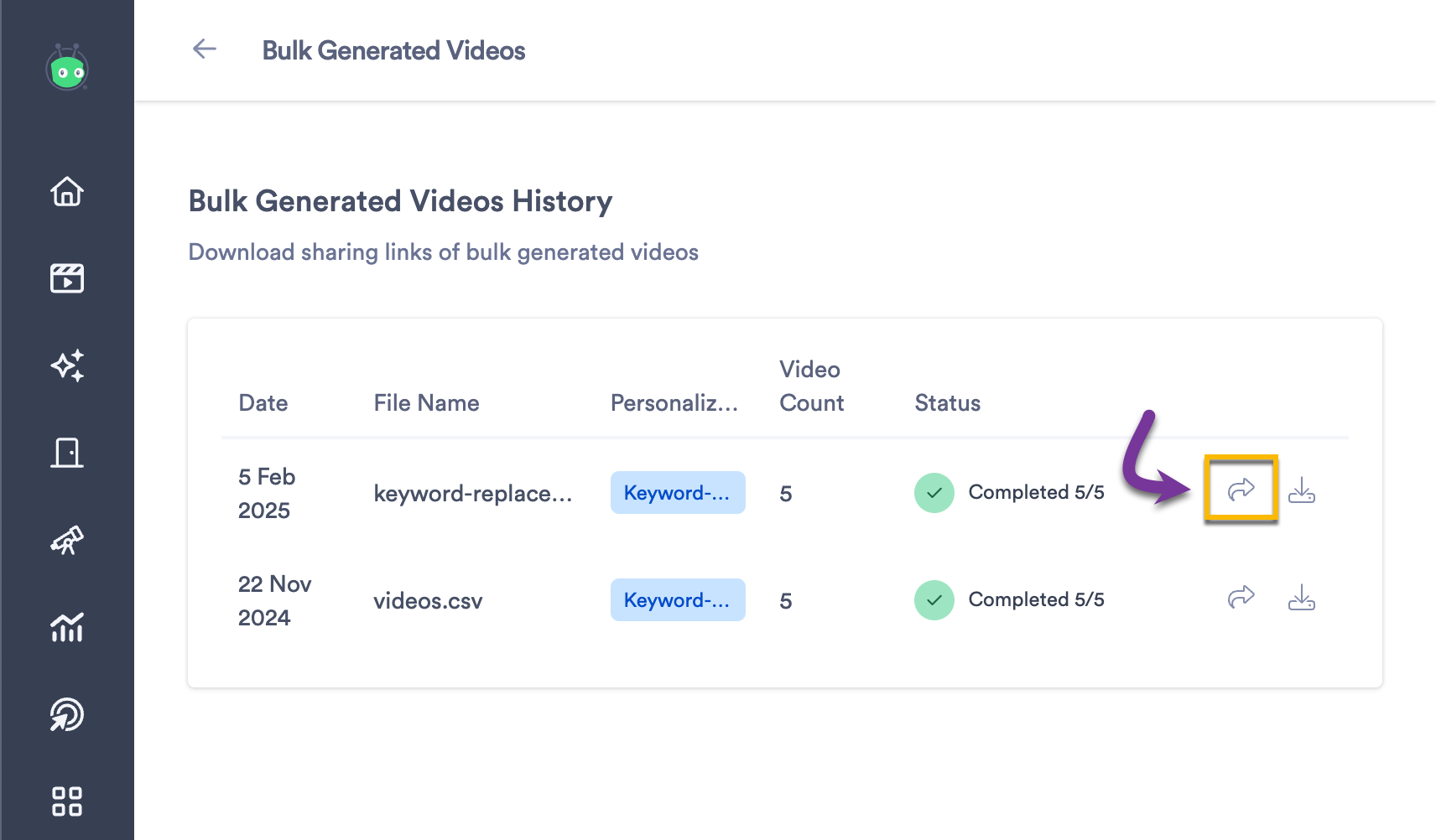 Sharing button highlighted on batch of Vidyard AI generated videos on the Bulk Generated Video History page