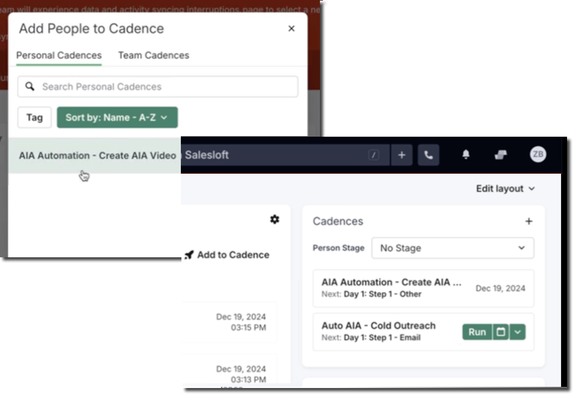 Examples of Salesloft cadence setup and selecting a cadence from the list