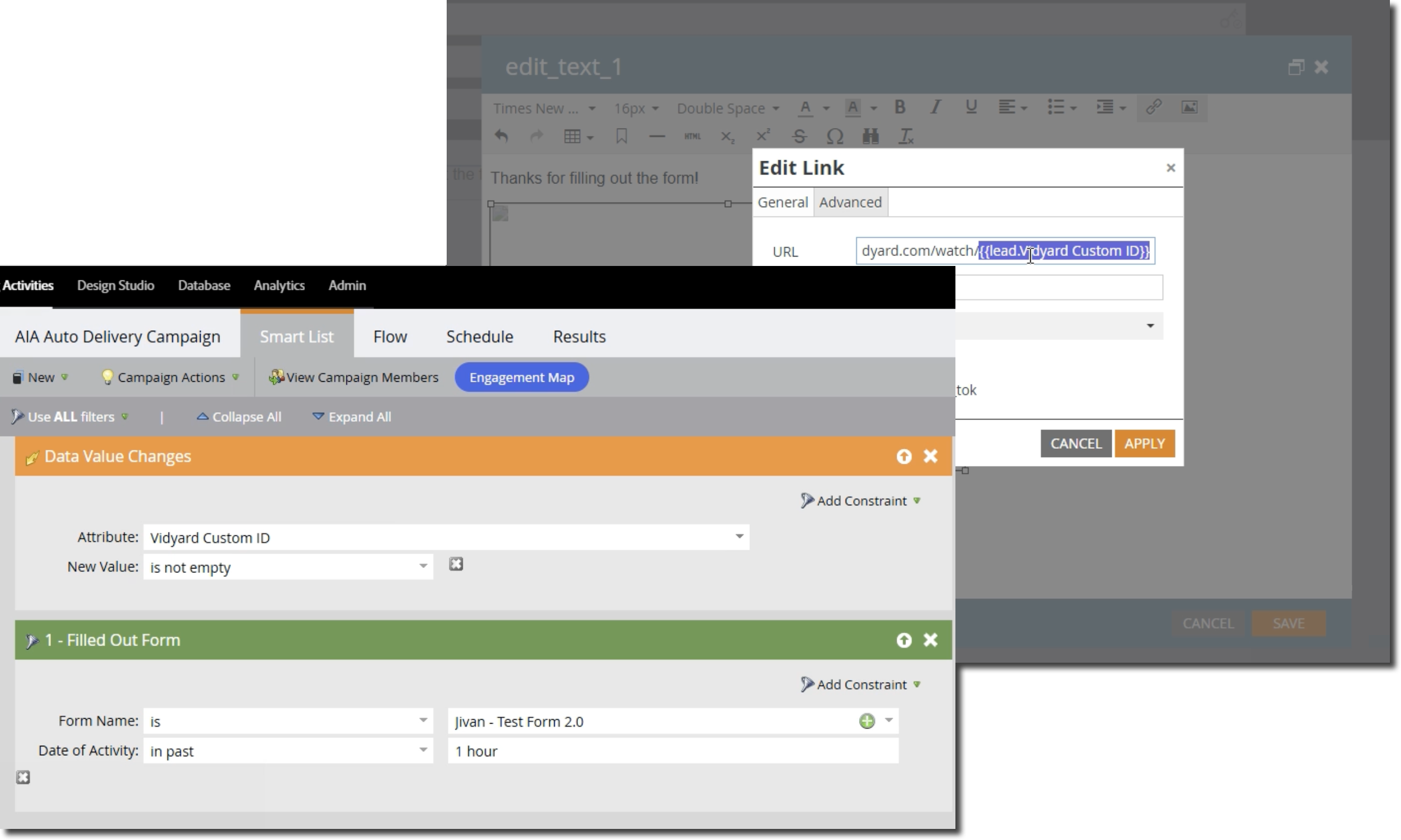 Examples of Marketo Smart Campaigns and form fill acknowledgement with custom Vidyard ID