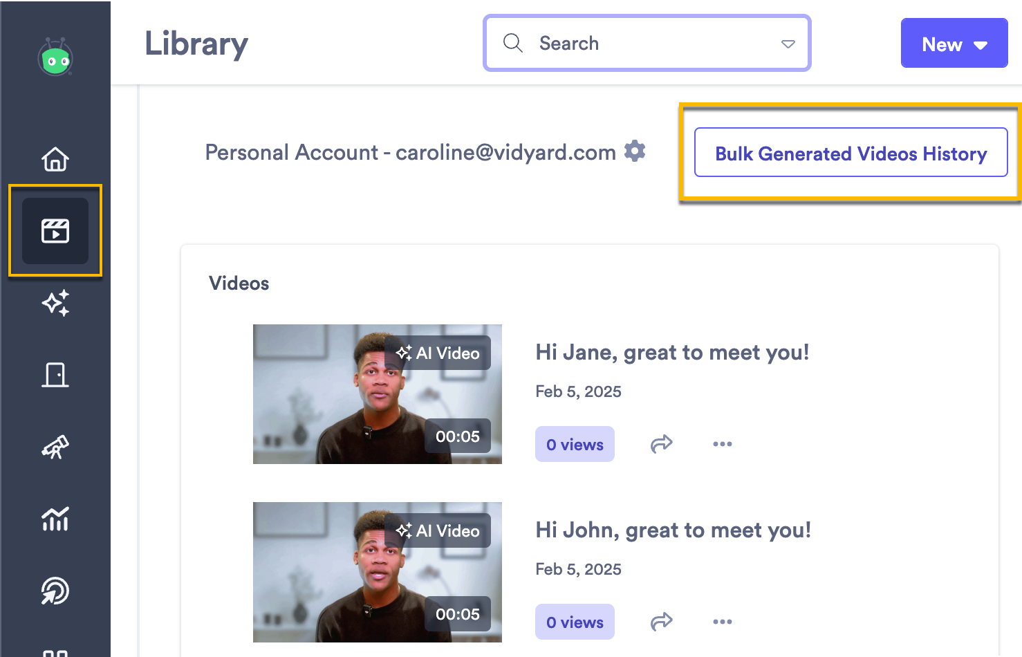 Vidyard library page with button to generate videos in bulk highlighted