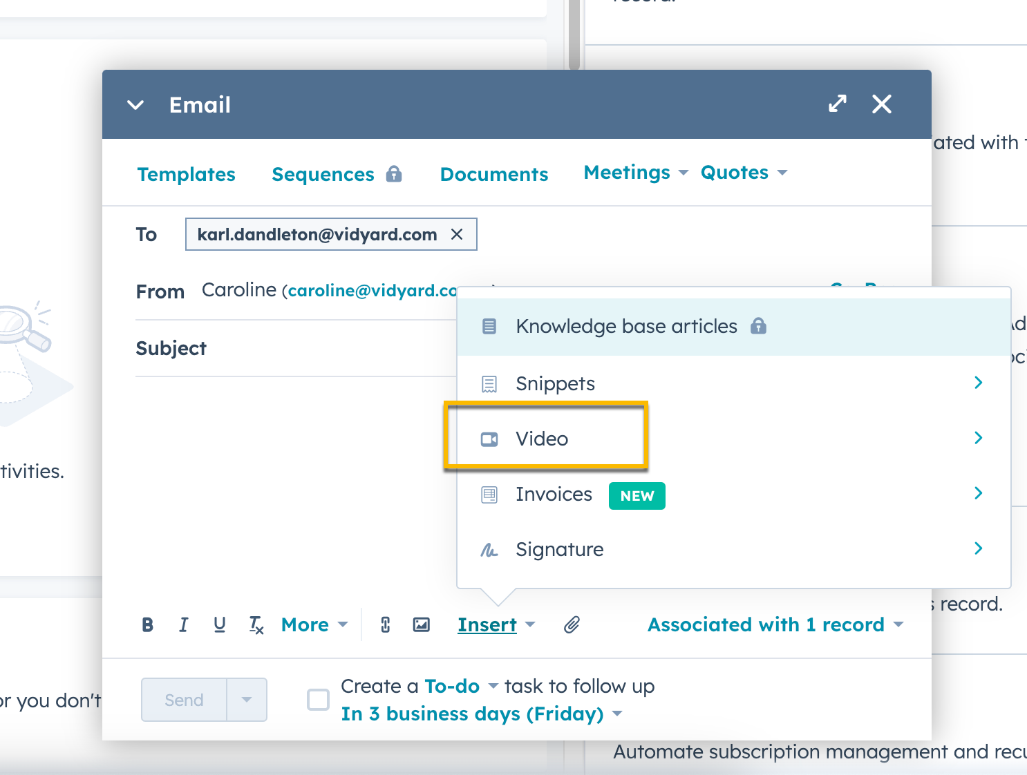 HubSpot email modal open with insert menu expanded and video option highlighted