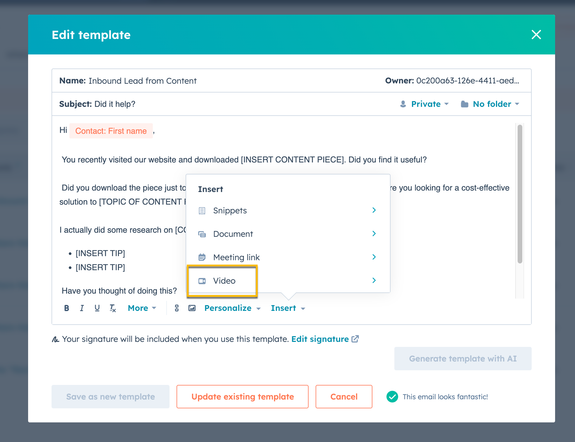 HubSpot template modal open with insert menu expanded and video option highlighted