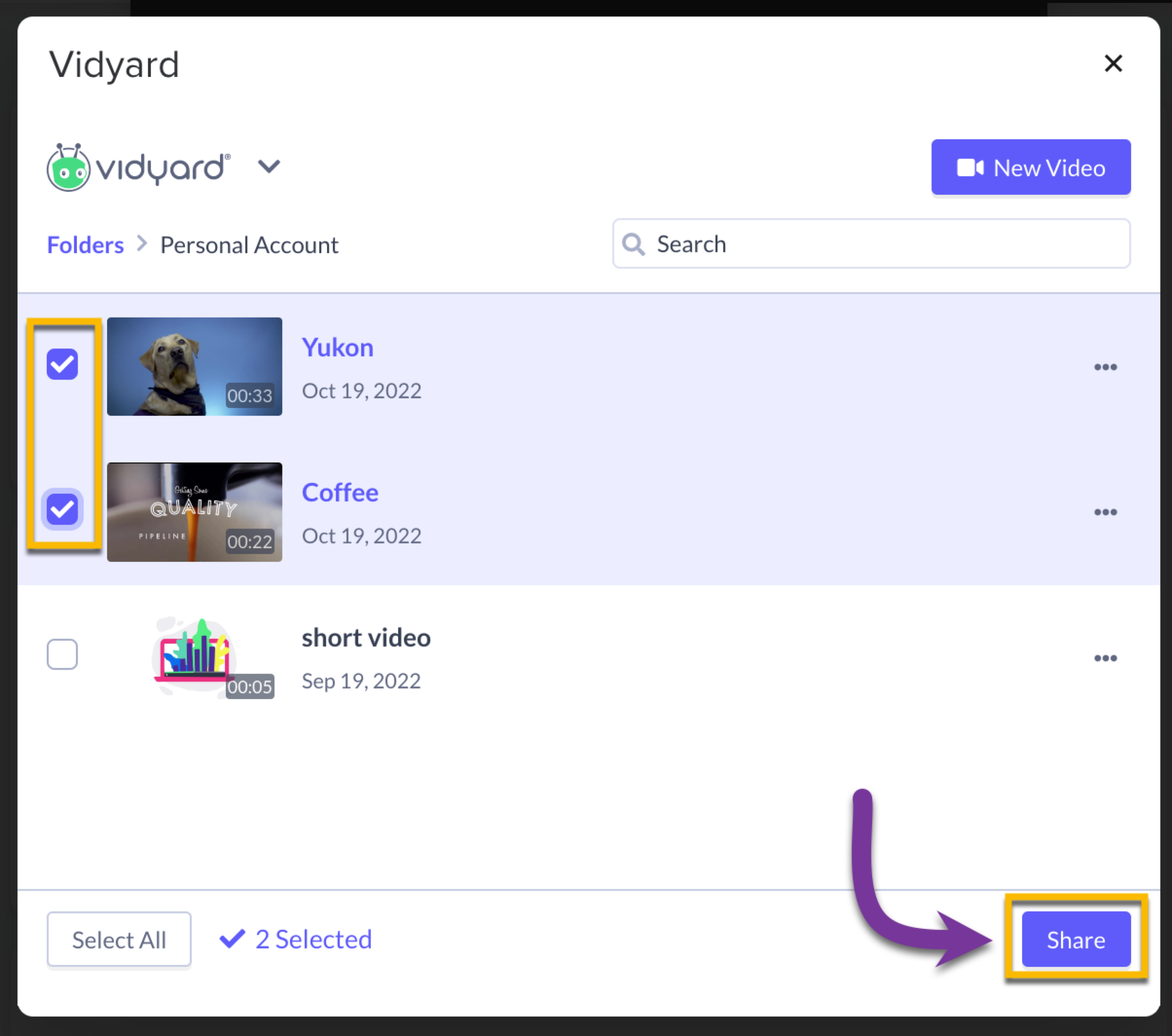 Selecting videos from your Vidyard library to add into the HubSpot email