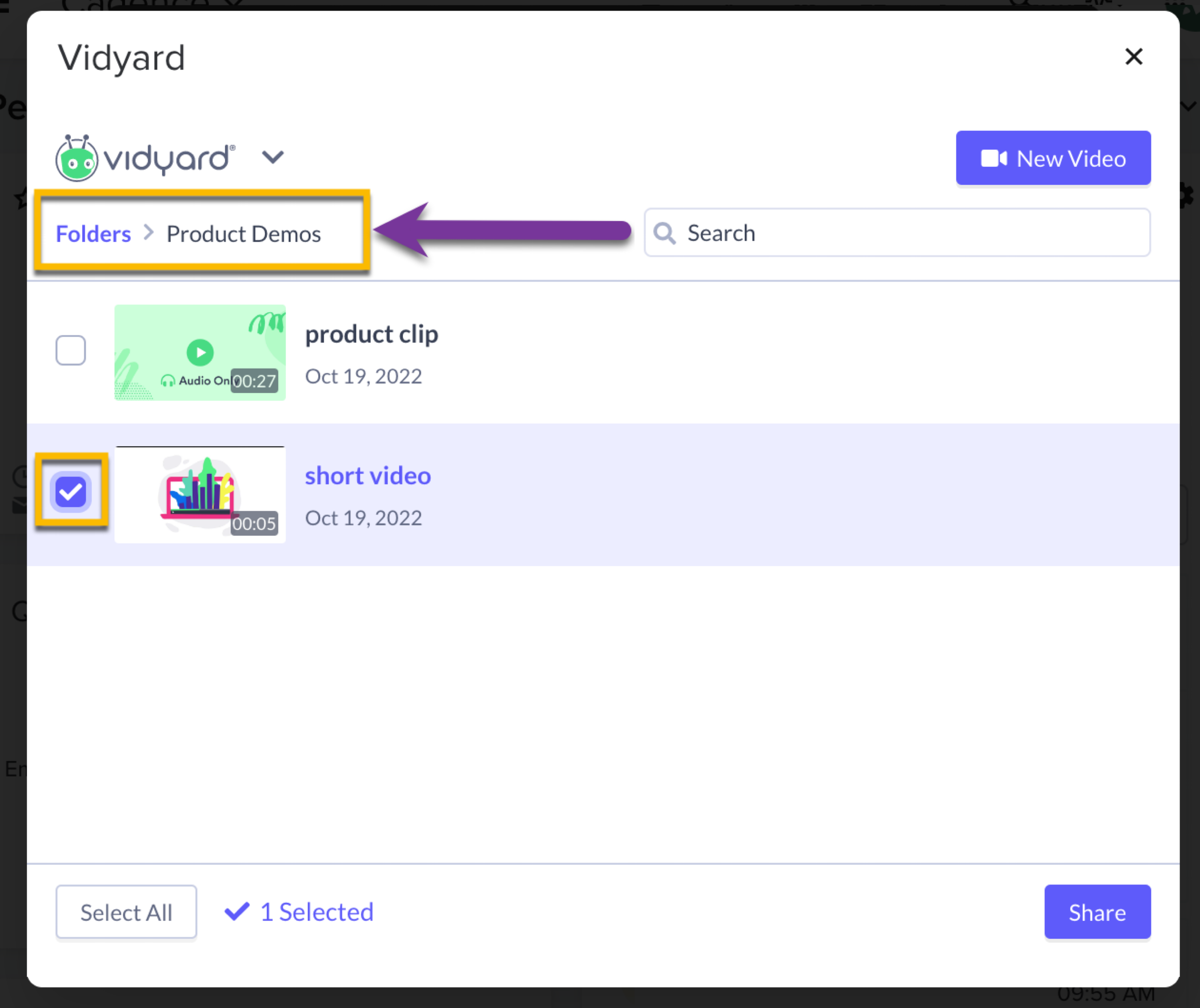 Selecting the folders breadcrumb menu to access videos a shared team folder