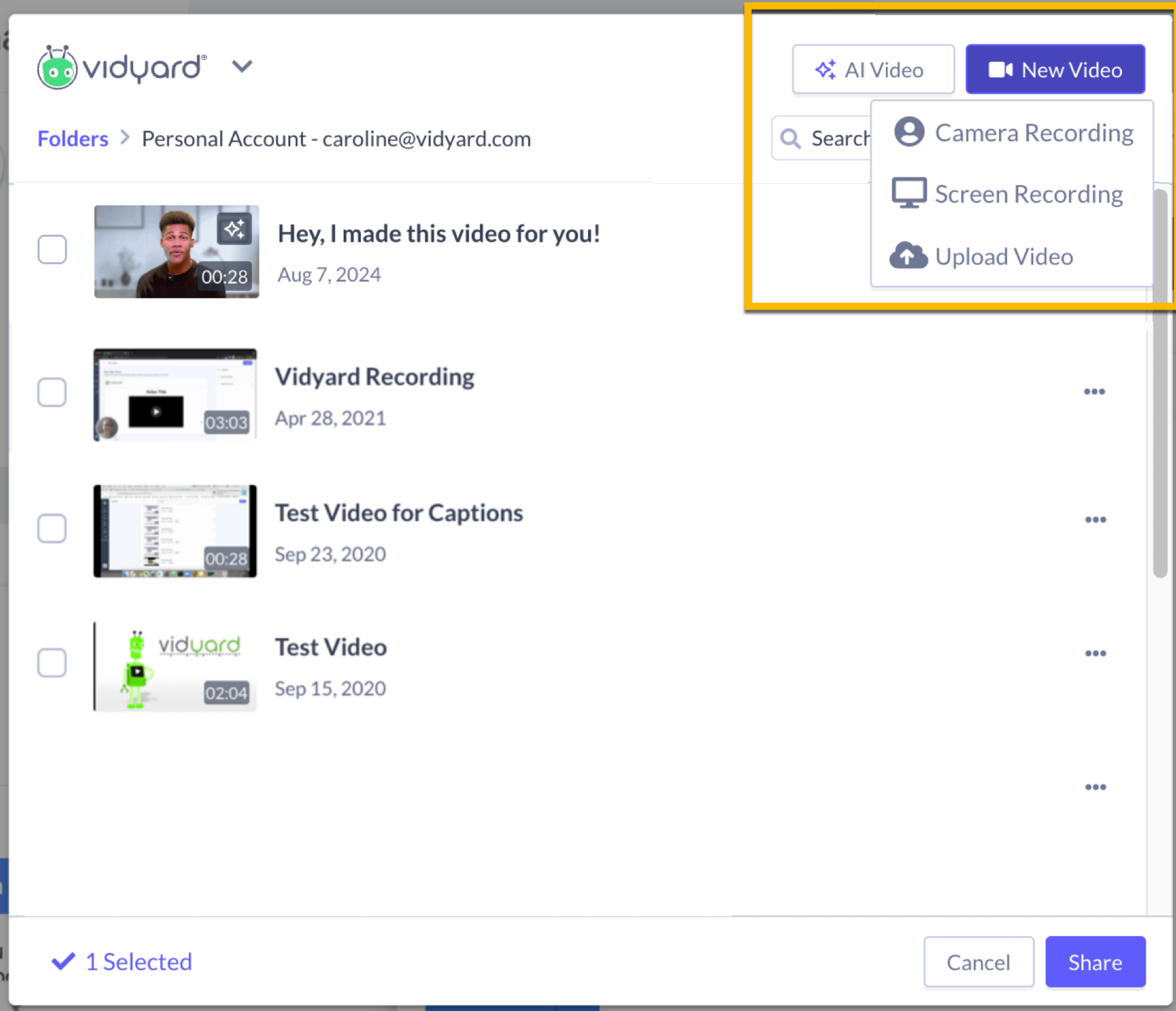 Vidyard app in HubSpot open with options for creating AI video or new video recording highlighted